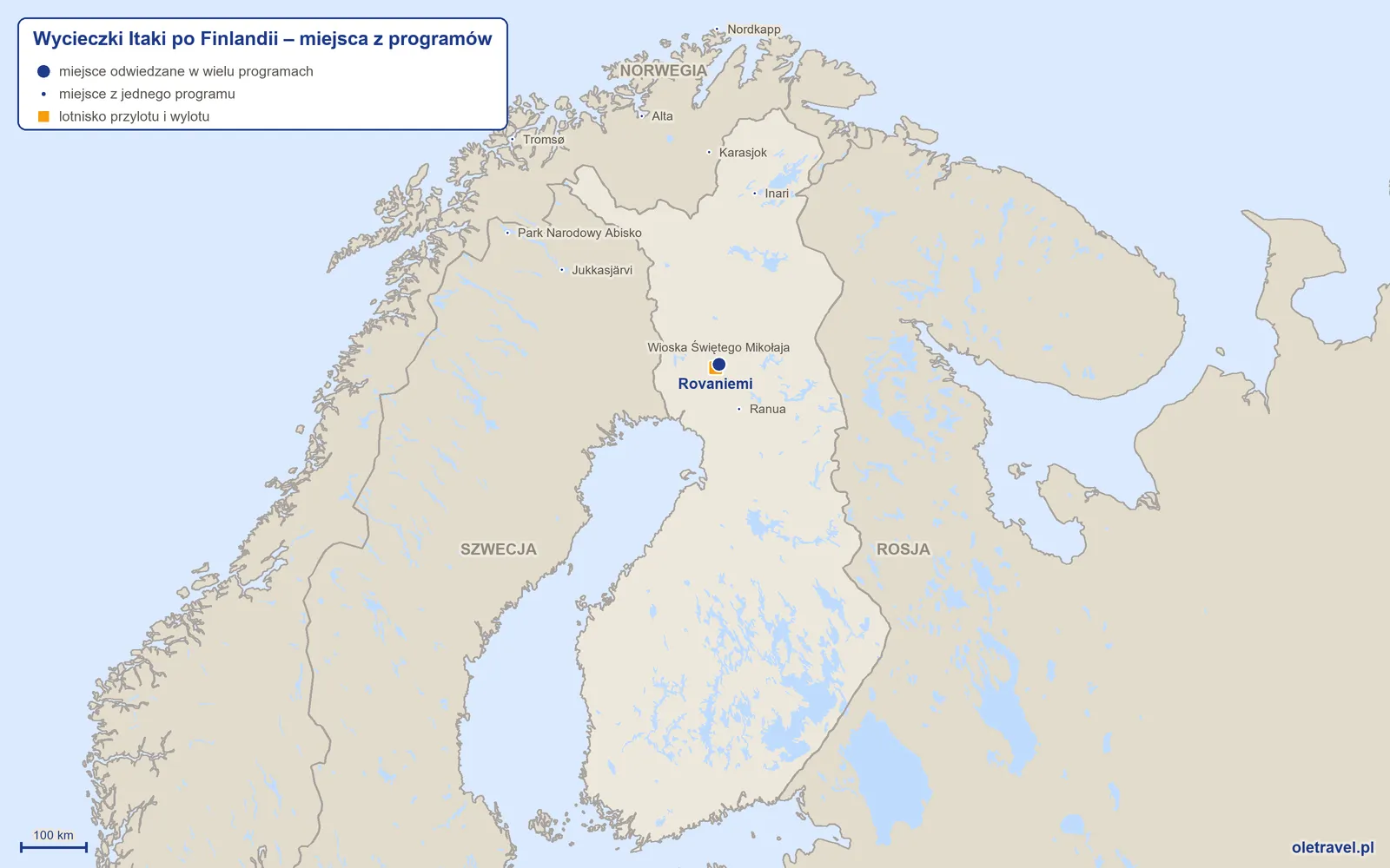 Mapa: Finlandia z miejscami z programów wycieczek objazdowych Itaki