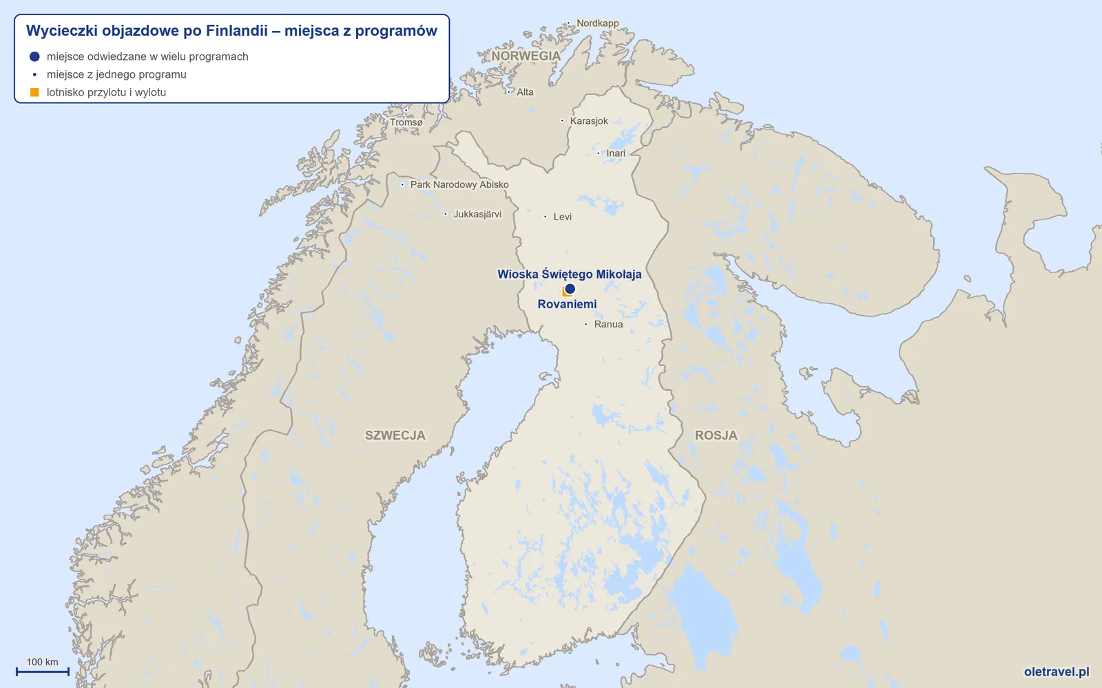 Mapa: Finlandia z miejscami odwiedzanymi na wycieczkach objazdowych z naszej oferty
