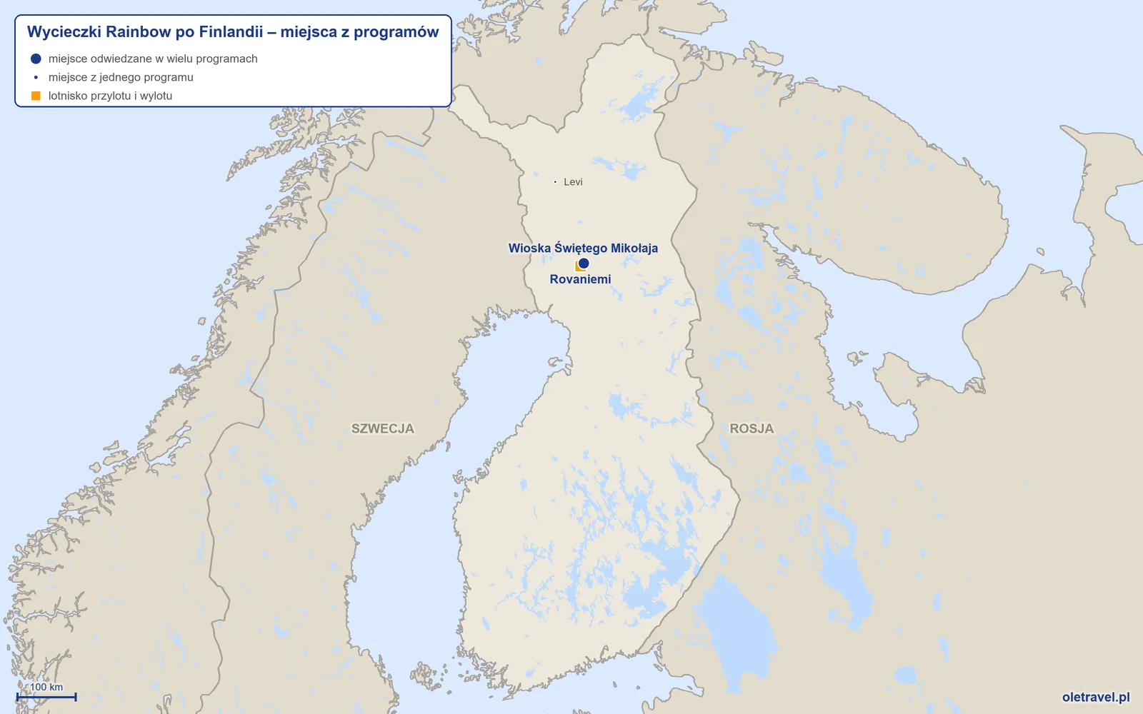 Mapa: Finlandia z miejscami z programów wycieczek objazdowych Rainbow