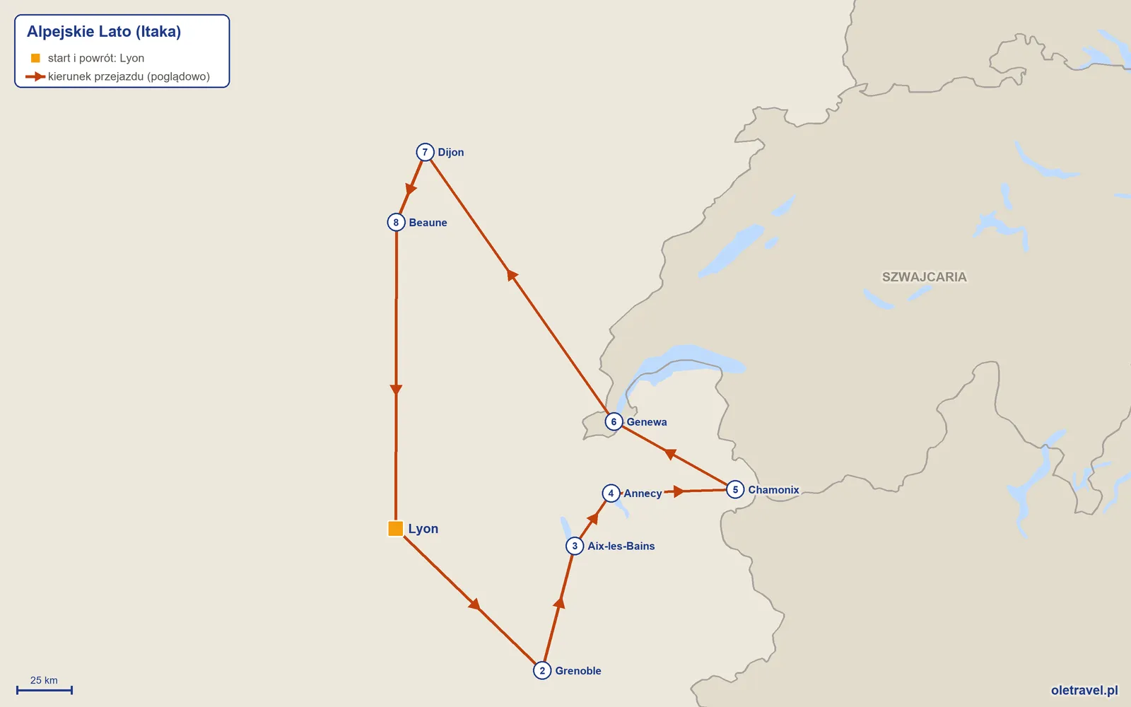 Mapa trasy wycieczki „Alpejskie Lato” z Itaką: Lyon – Grenoble – Aix-les-Bains – Annecy – Chamonix – Genewa – Dijon – Beaune – Lyon