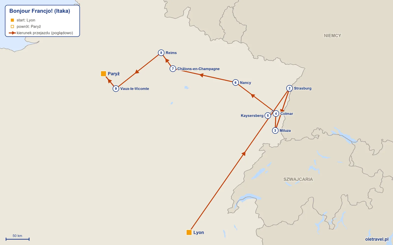 Mapa trasy wycieczki „Bonjour Francjo!” z Itaką: Lyon – Strasburg – Miluza – Colmar – Kaysersberg – Nancy – Châlons-en-Champagne – Reims – Vaux-le-Vicomte – Paryż