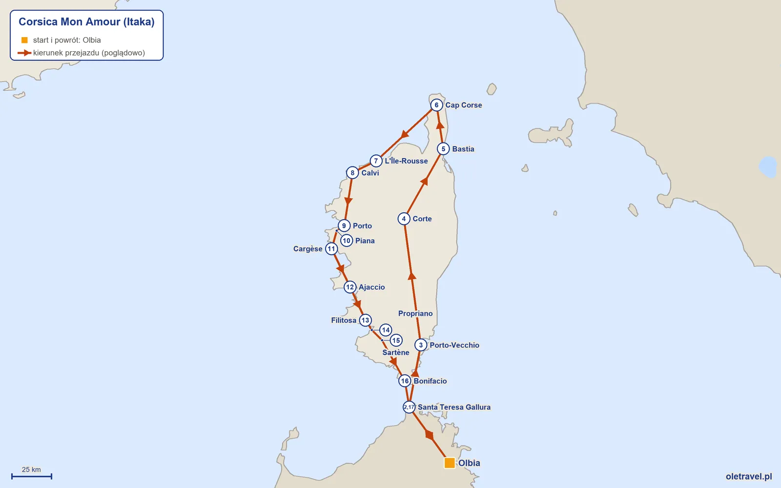 Mapa trasy wycieczki „Corsica Mon Amour” z Itaką: Olbia – Santa Teresa Gallura – Porto-Vecchio – Corte – Bastia – Cap Corse – L'Île-Rousse – Calvi – Porto – Piana – Cargèse – Ajaccio – Filitosa – Propriano – Sartène – Bonifacio – Santa Teresa Gallura – Olbia