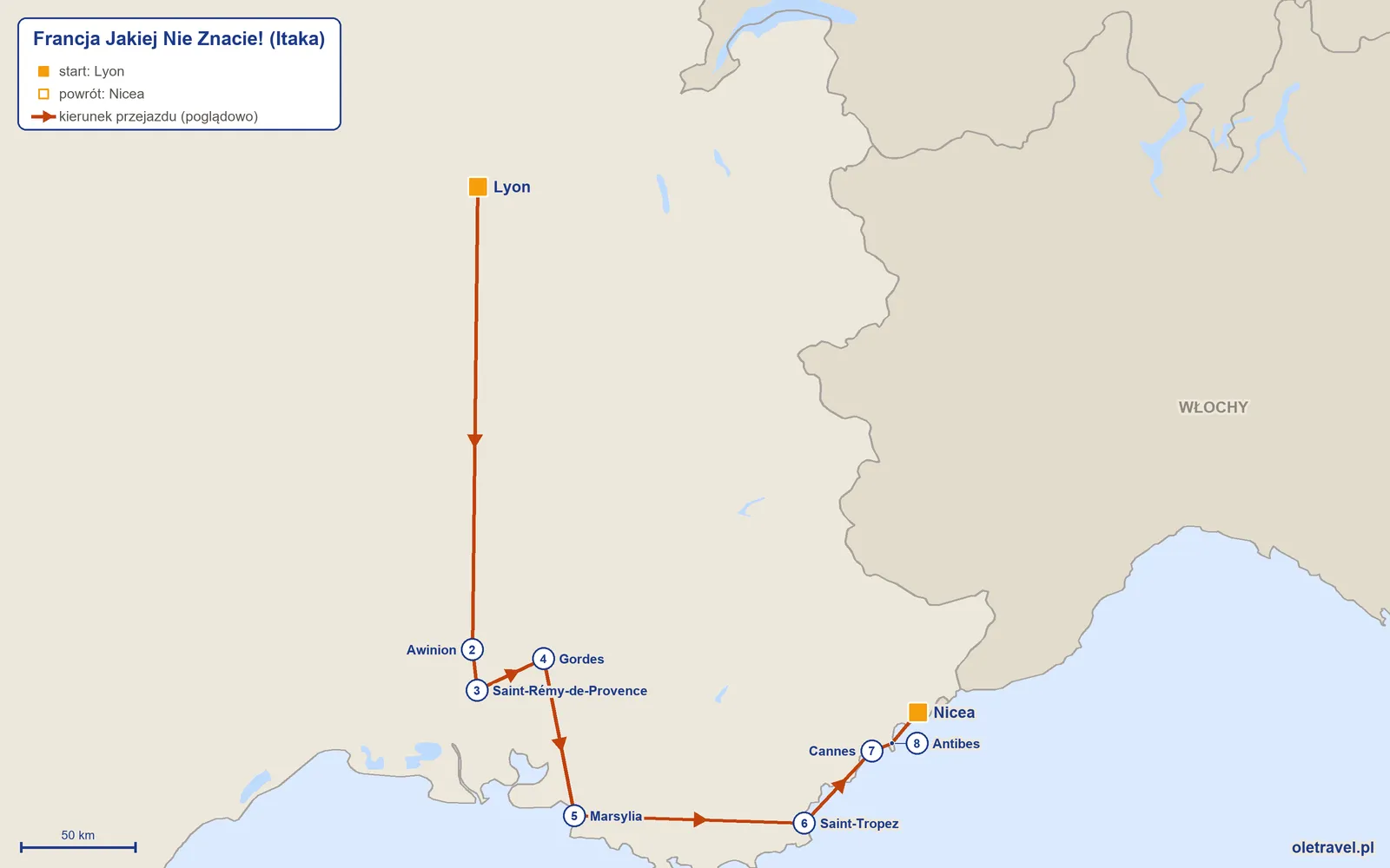 Mapa trasy wycieczki „Francja Jakiej Nie Znacie!” z Itaką: Lyon – Awinion – Saint-Rémy-de-Provence – Gordes – Marsylia – Saint-Tropez – Cannes – Antibes – Nicea