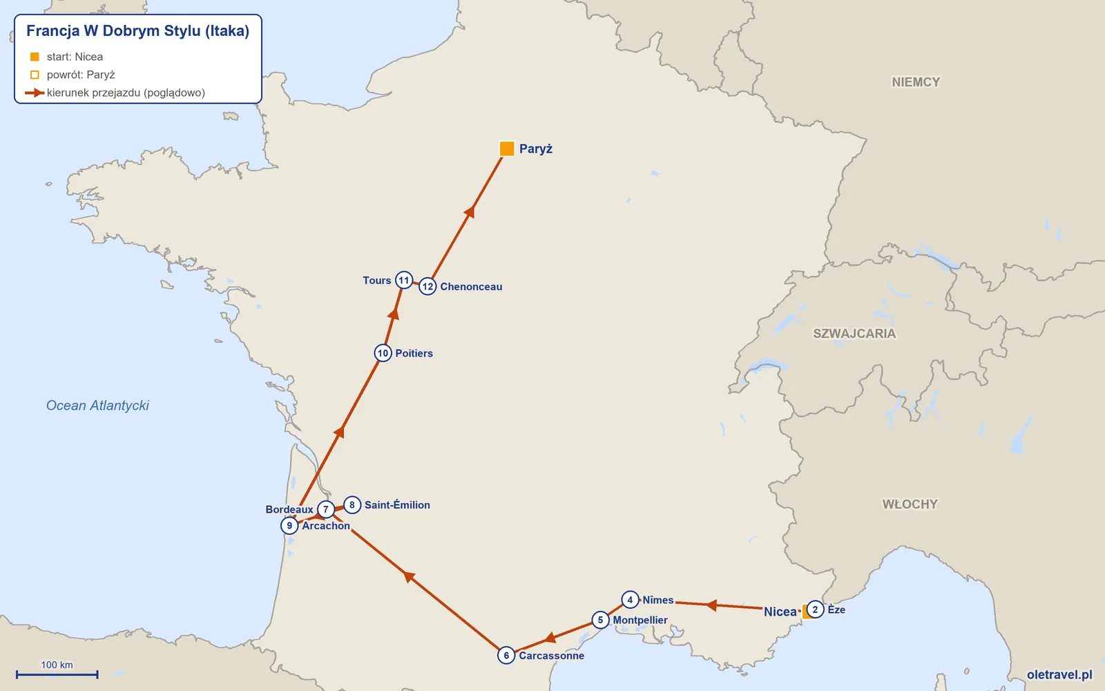 Mapa trasy wycieczki „Francja W Dobrym Stylu” z Itaką: Nicea – Èze – Nicea – Nîmes – Montpellier – Carcassonne – Bordeaux – Saint-Émilion – Arcachon – Poitiers – Tours – Chenonceau – Paryż
