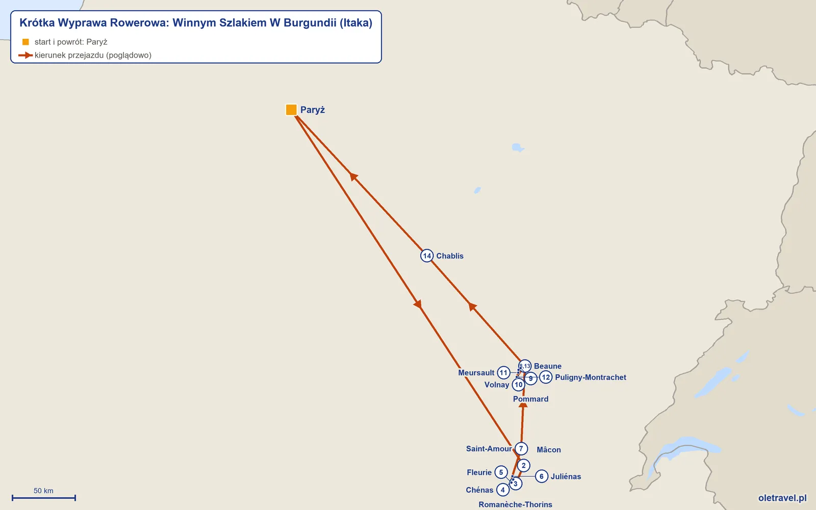 Mapa trasy wycieczki „Krótka Wyprawa Rowerowa: Winnym Szlakiem W Burgundii” z Itaką: Paryż – Mâcon – Romanèche-Thorins – Chénas – Fleurie – Juliénas – Saint-Amour – Beaune – Pommard – Volnay – Meursault – Puligny-Montrachet – Beaune – Chablis – Paryż