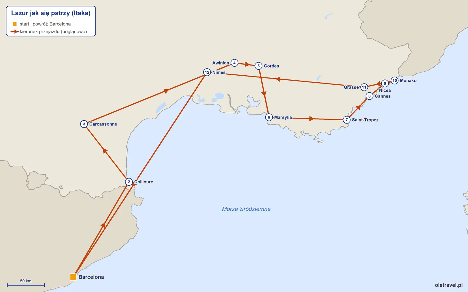Mapa trasy wycieczki „Lazur jak się patrzy” z Itaką: Barcelona – Collioure – Carcassonne – Awinion – Gordes – Marsylia – Saint-Tropez – Cannes – Nicea – Monako – Grasse – Nîmes – Barcelona