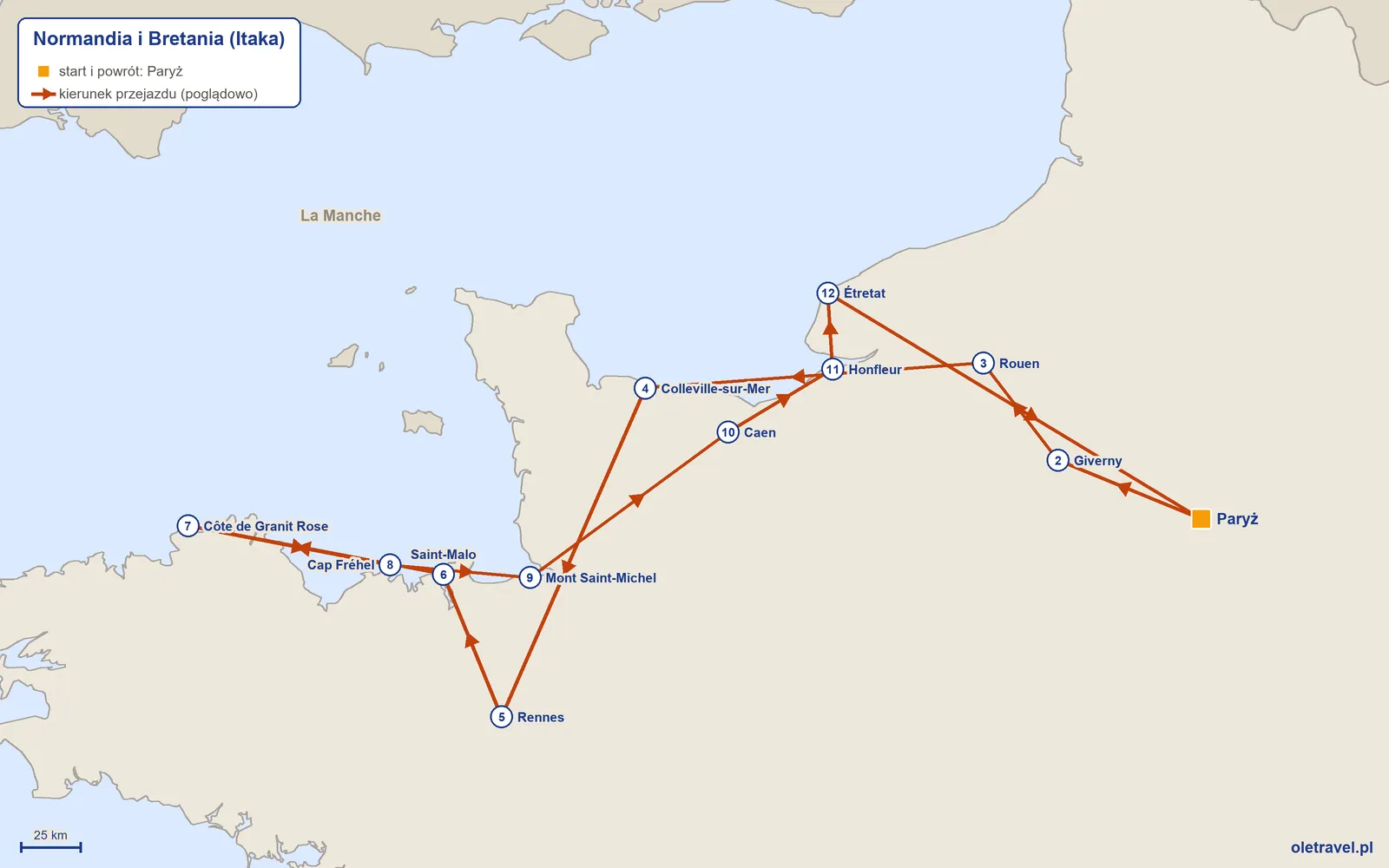 Mapa trasy wycieczki „Normandia i Bretania” z Itaką: Paryż – Giverny – Rouen – Colleville-sur-Mer – Rennes – Saint-Malo – Côte de Granit Rose – Cap Fréhel – Mont Saint-Michel – Caen – Honfleur – Étretat – Paryż