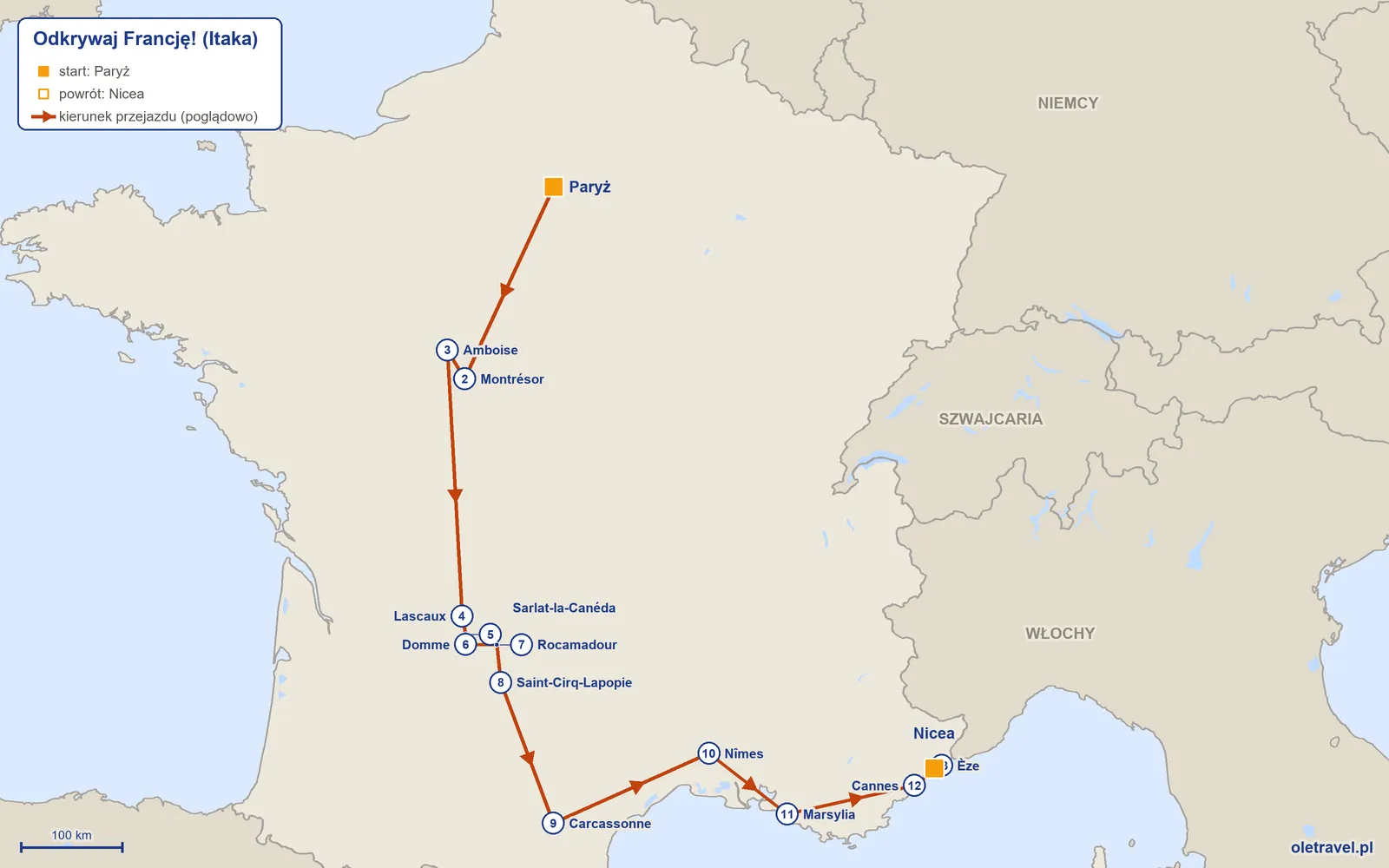 Mapa trasy wycieczki „Odkrywaj Francję!” z Itaką: Paryż – Montrésor – Amboise – Lascaux – Sarlat-la-Canéda – Domme – Rocamadour – Saint-Cirq-Lapopie – Carcassonne – Nîmes – Marsylia – Cannes – Èze – Nicea