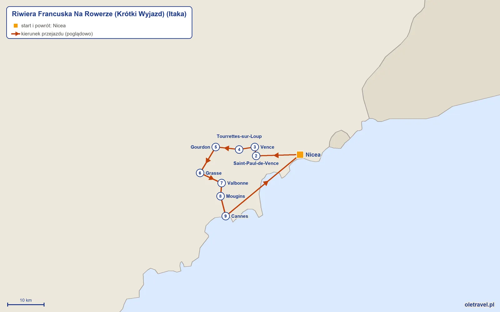 Mapa trasy wycieczki „Riwiera Francuska Na Rowerze (Krótki Wyjazd)” z Itaką: Nicea – Saint-Paul-de-Vence – Vence – Tourrettes-sur-Loup – Gourdon – Grasse – Valbonne – Mougins – Cannes – Nicea