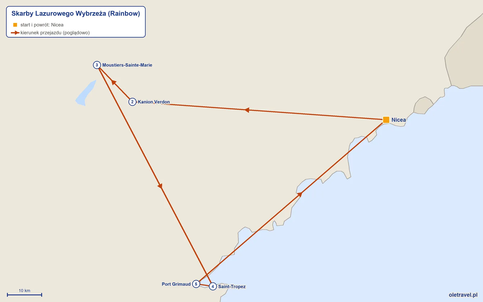 Mapa trasy wycieczki „Skarby Lazurowego Wybrzeża” z Rainbow: Nicea – Kanion Verdon – Moustiers-Sainte-Marie – Saint-Tropez – Port Grimaud – Nicea