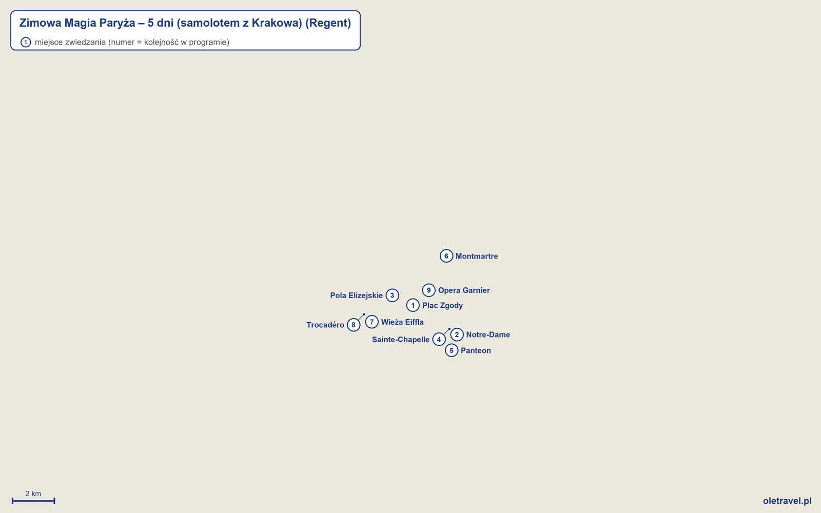 Mapa miejsc zwiedzanych na wycieczce „Zimowa Magia Paryża – 5 dni (samolotem z Krakowa)” z biurem Regent