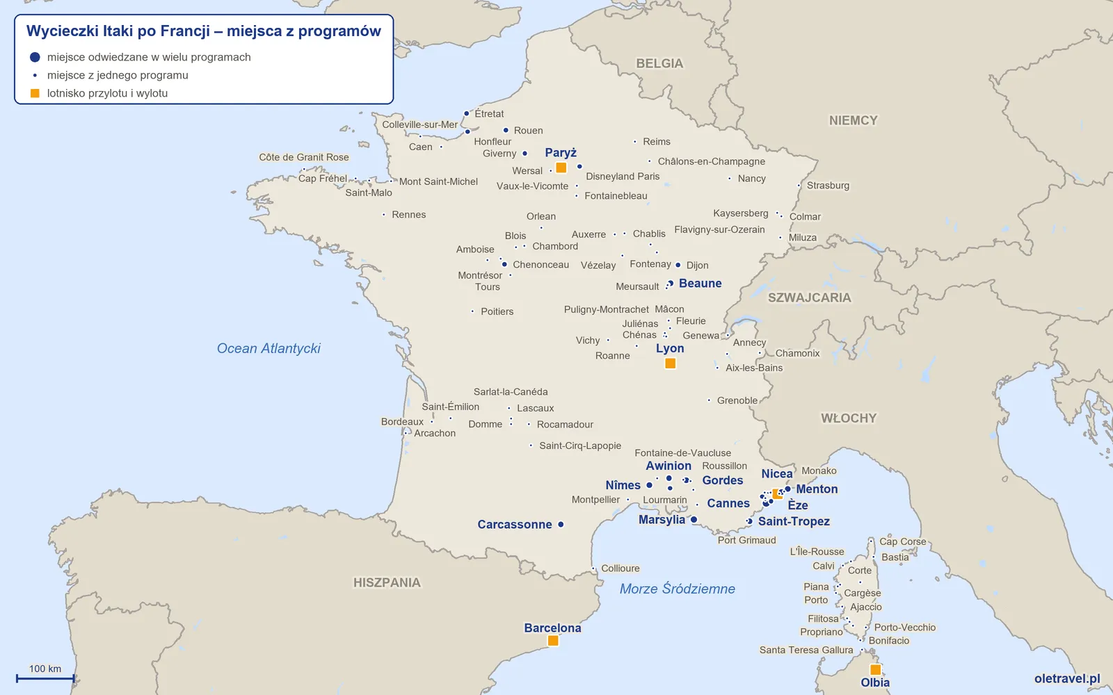 Mapa: Francja z miejscami z programów wycieczek objazdowych Itaki