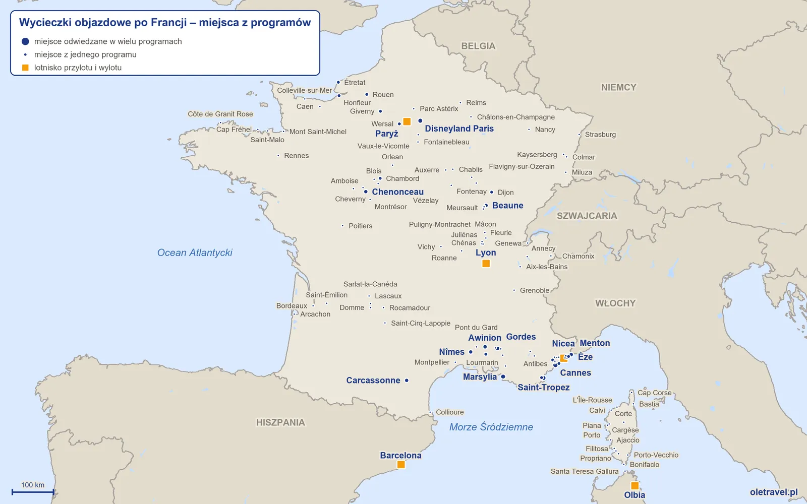 Mapa: Francja z miejscami odwiedzanymi na wycieczkach objazdowych z naszej oferty