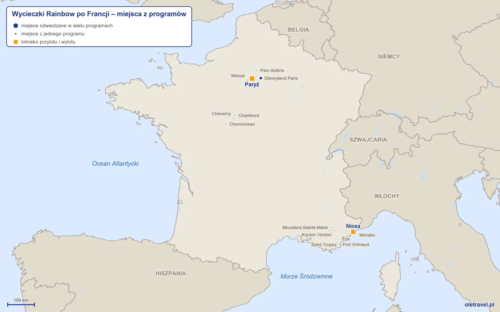 Mapa: Francja z miejscami z programów wycieczek objazdowych Rainbow