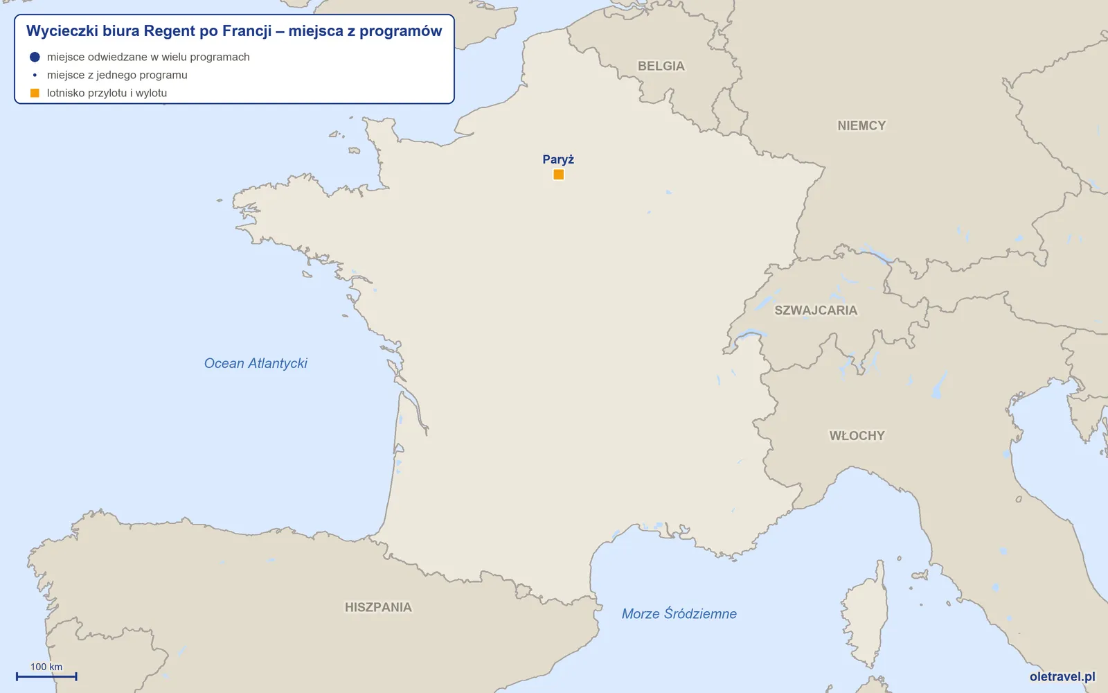 Mapa: Francja z miejscami z programów wycieczek objazdowych biura Regent