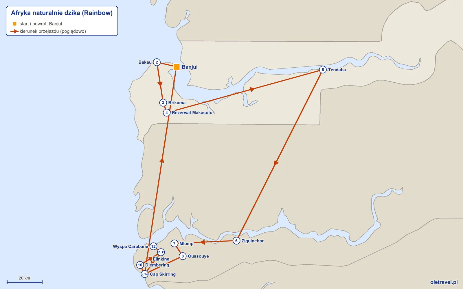Mapa trasy wycieczki „Afryka naturalnie dzika” z Rainbow: Banjul – Bakau – Brikama – Rezerwat Makasutu – Tendaba – Ziguinchor – Mlomp – Oussouye – Cap Skirring – Diembering – Elinkine – Wyspa Carabane – Elinkine – Cap Skirring – Banjul