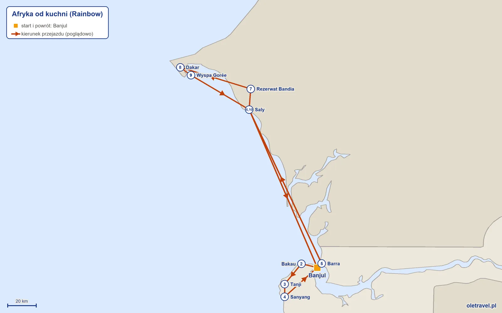 Mapa trasy wycieczki „Afryka od kuchni” z Rainbow: Banjul – Bakau – Tanji – Sanyang – Barra – Saly – Rezerwat Bandia – Dakar – Wyspa Gorée – Saly – Banjul