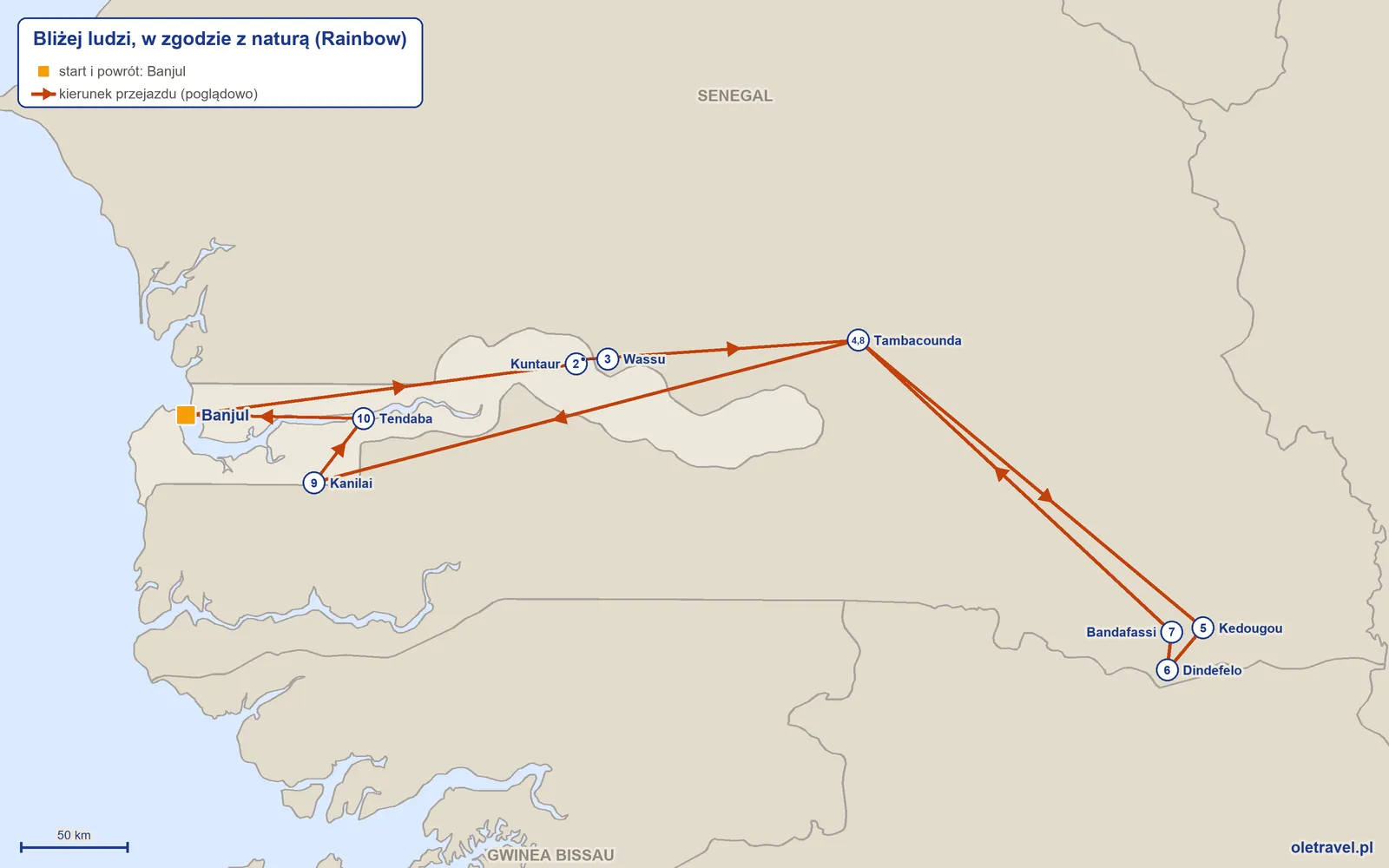 Mapa trasy wycieczki „Bliżej ludzi, w zgodzie z naturą” z Rainbow: Banjul – Kuntaur – Wassu – Tambacounda – Kedougou – Dindefelo – Bandafassi – Tambacounda – Kanilai – Tendaba – Banjul