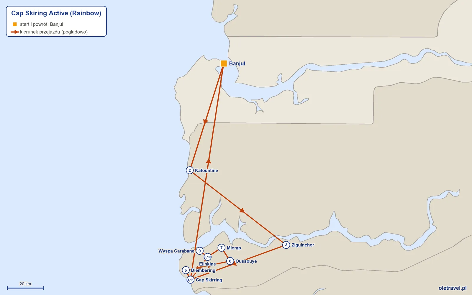 Mapa trasy wycieczki „Cap Skiring Active” z Rainbow: Banjul – Kafountine – Ziguinchor – Cap Skirring – Diembering – Oussouye – Mlomp – Elinkine – Wyspa Carabane – Elinkine – Cap Skirring – Banjul