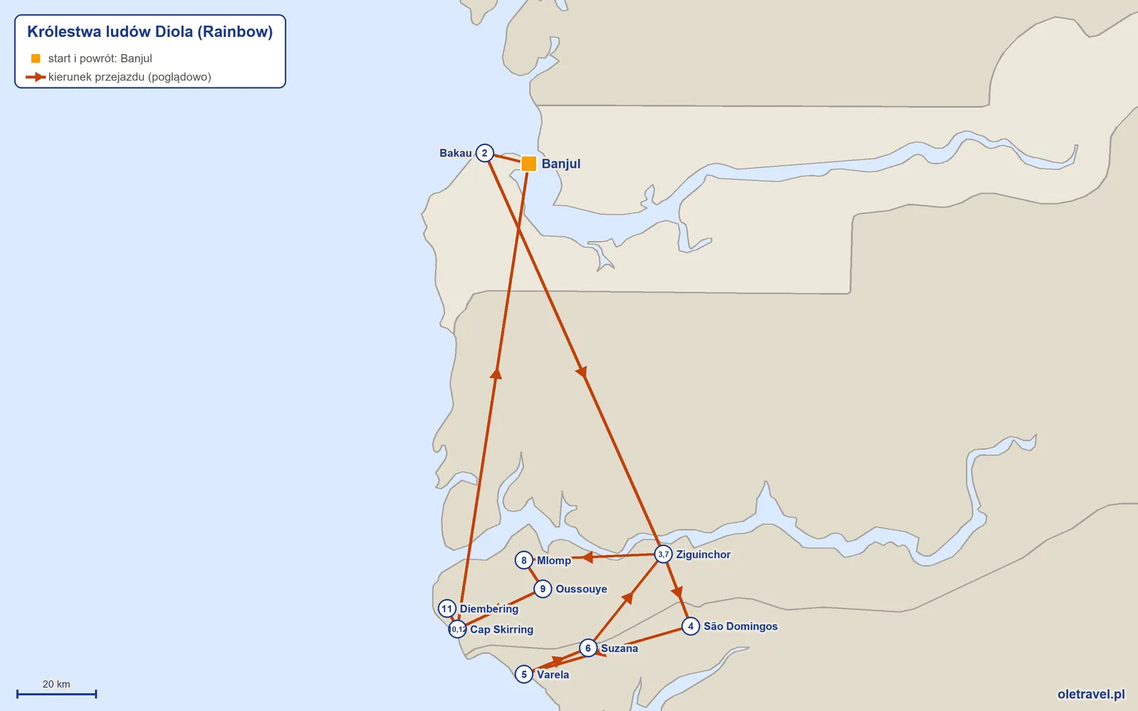 Mapa trasy wycieczki „Królestwa ludów Diola” z Rainbow: Banjul – Bakau – Ziguinchor – São Domingos – Varela – Suzana – Ziguinchor – Mlomp – Oussouye – Cap Skirring – Diembering – Cap Skirring – Banjul