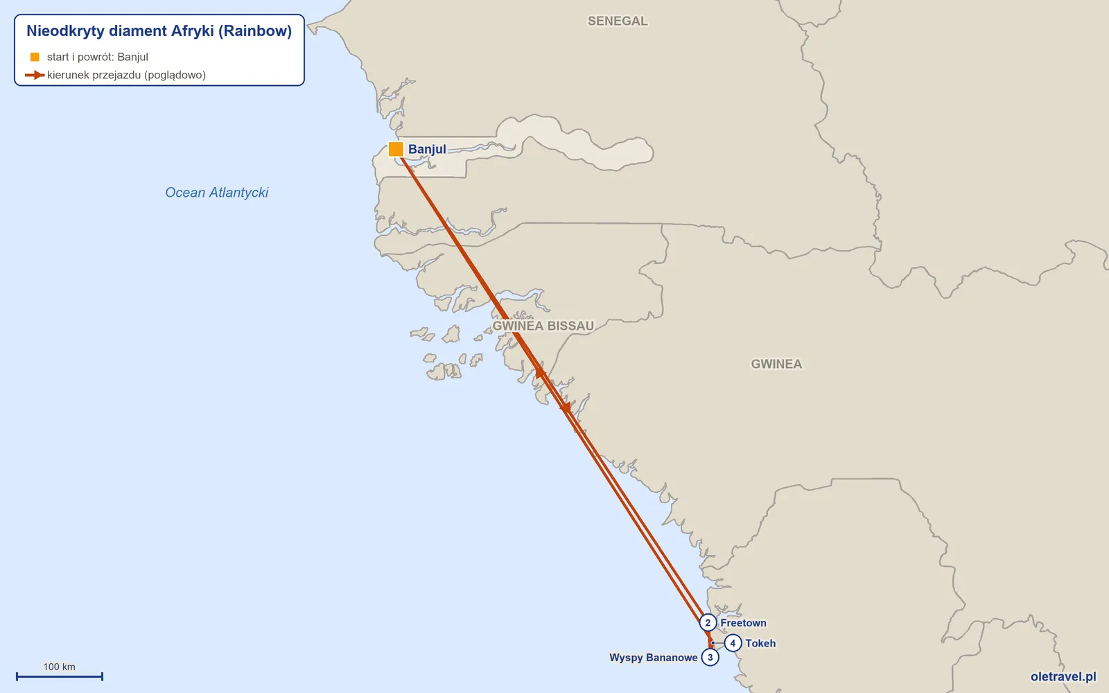 Mapa trasy wycieczki „Nieodkryty diament Afryki” z Rainbow: Banjul – Freetown – Wyspy Bananowe – Tokeh – Banjul