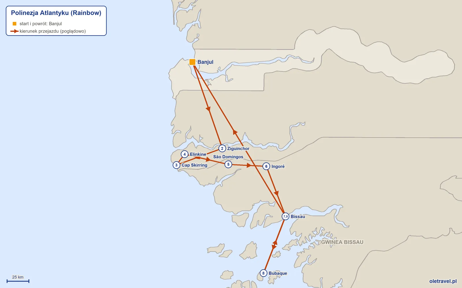 Mapa trasy wycieczki „Polinezja Atlantyku” z Rainbow: Banjul – Ziguinchor – Cap Skirring – Elinkine – São Domingos – Ingoré – Bissau – Bubaque – Bissau – Banjul