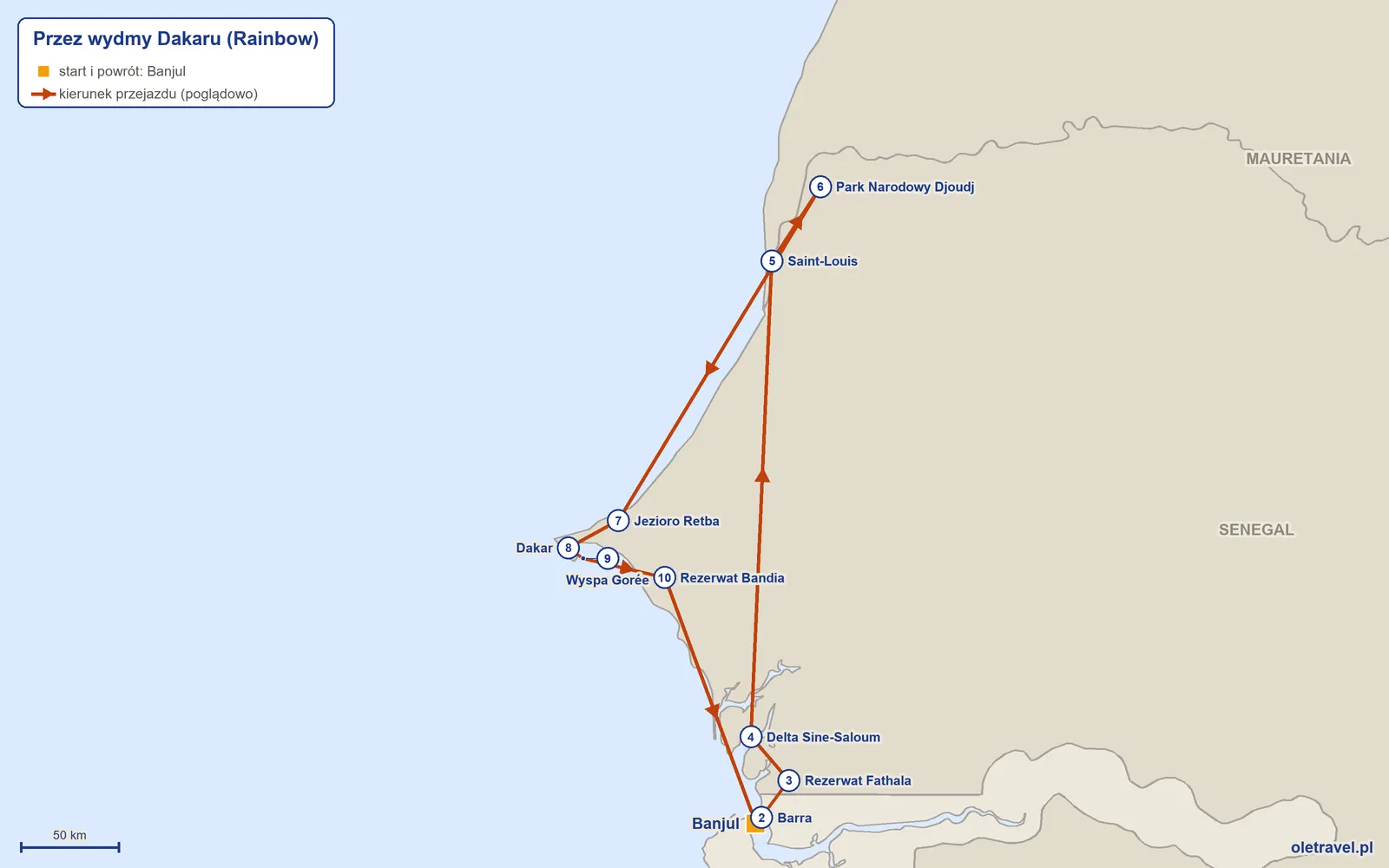 Mapa trasy wycieczki „Przez wydmy Dakaru” z Rainbow: Banjul – Barra – Rezerwat Fathala – Delta Sine-Saloum – Saint-Louis – Park Narodowy Djoudj – Jezioro Retba – Dakar – Wyspa Gorée – Rezerwat Bandia – Banjul