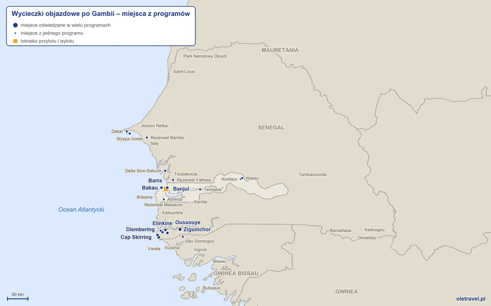 Mapa: Gambia z miejscami odwiedzanymi na wycieczkach objazdowych z naszej oferty