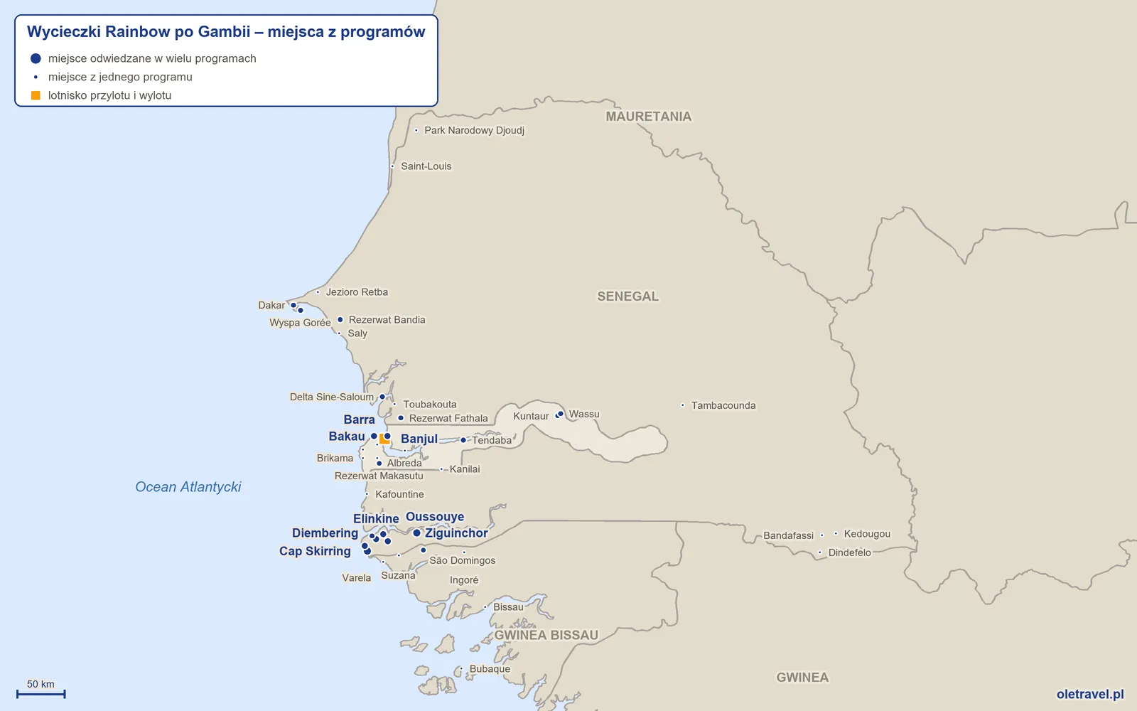 Mapa: Gambia z miejscami z programów wycieczek objazdowych Rainbow