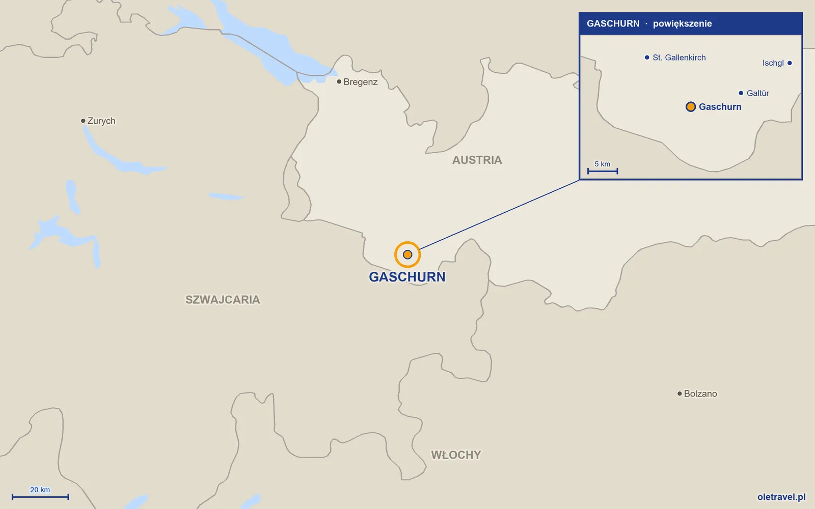 Mapa Austrii z zaznaczonym położeniem: Gaschurn; w powiększeniu okolice z sąsiednimi miejscowościami