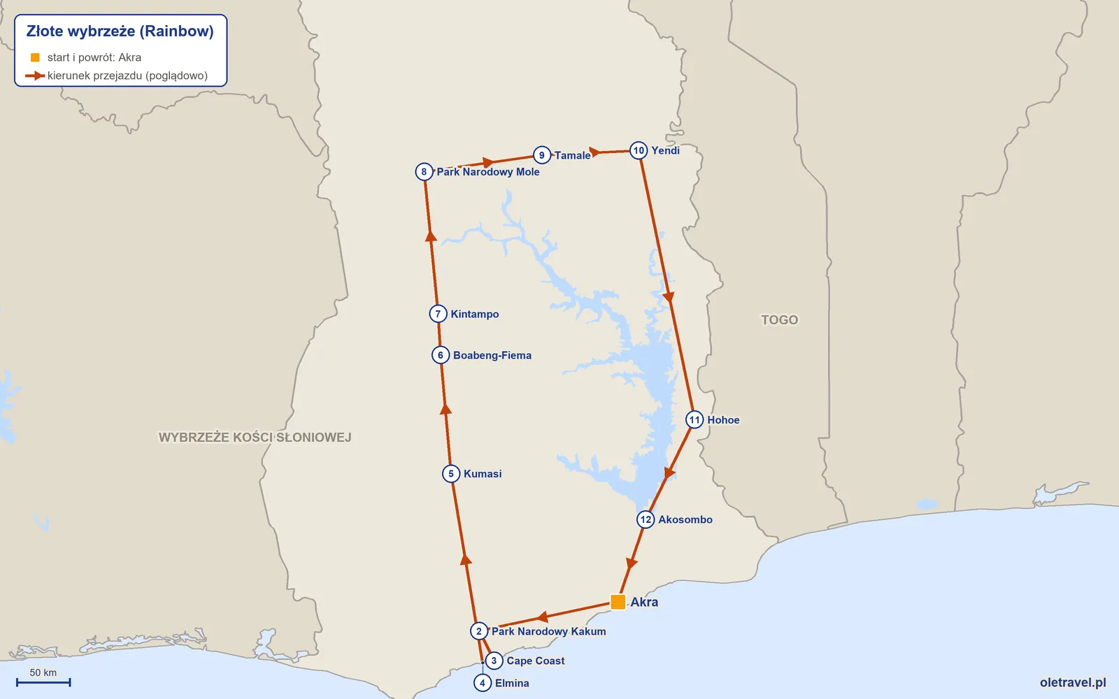 Mapa trasy wycieczki „Złote wybrzeże” z Rainbow: Akra – Park Narodowy Kakum – Cape Coast – Elmina – Kumasi – Boabeng-Fiema – Kintampo – Park Narodowy Mole – Tamale – Yendi – Hohoe – Akosombo – Akra
