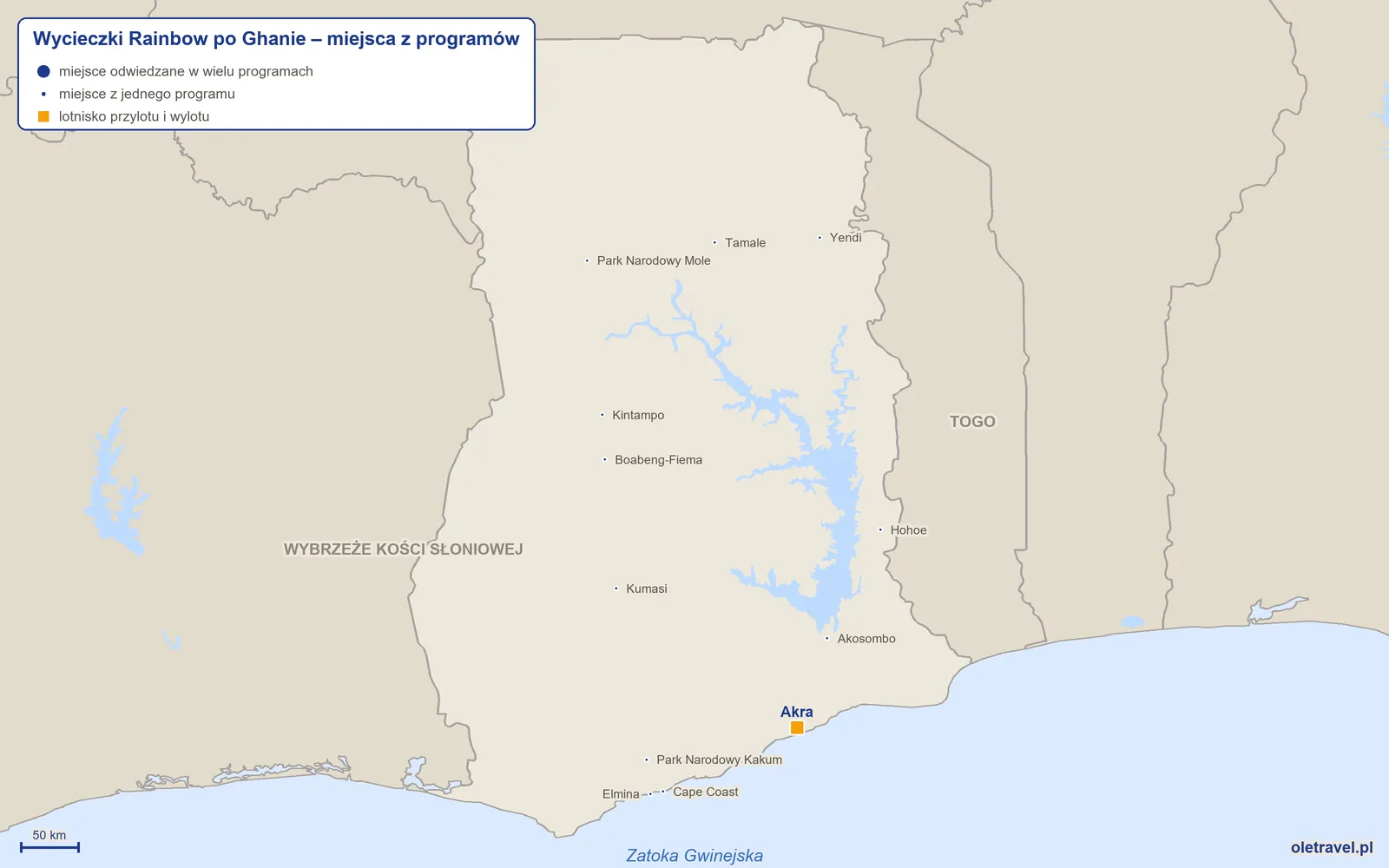 Mapa: Ghana z miejscami z programów wycieczek objazdowych Rainbow