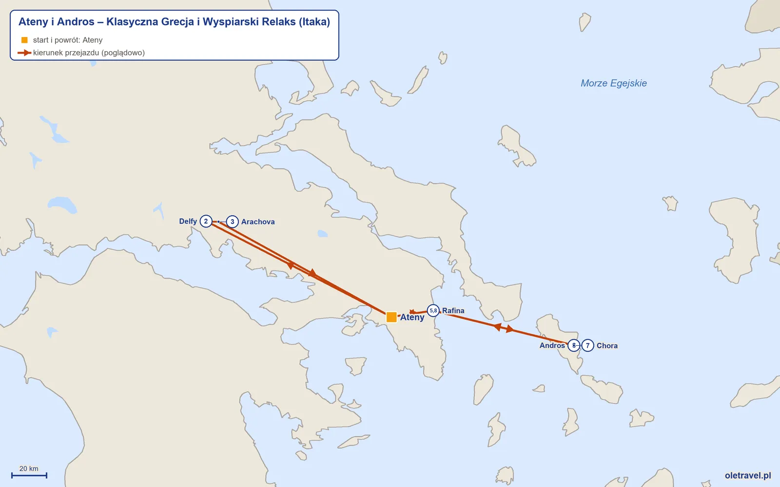Mapa trasy wycieczki „Ateny i Andros – Klasyczna Grecja i Wyspiarski Relaks” z Itaką: Ateny – Delfy – Arachova – Ateny – Rafina – Andros – Chora – Rafina – Ateny