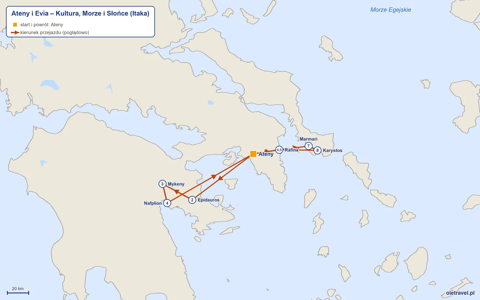 Mapa trasy wycieczki „Ateny i Evia – Kultura, Morze i Słońce” z Itaką: Ateny – Epidauros – Mykeny – Nafplion – Ateny – Rafina – Marmari – Karystos – Rafina – Ateny