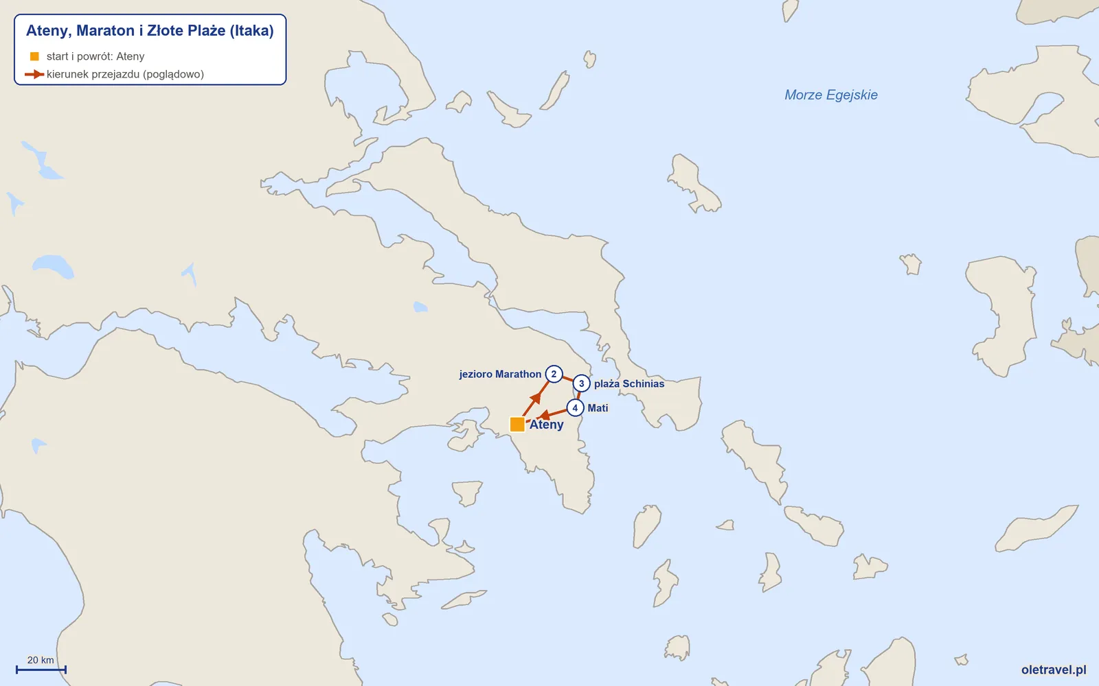 Mapa trasy wycieczki „Ateny, Maraton i Złote Plaże” z Itaką: Ateny – jezioro Marathon – plaża Schinias – Mati – Ateny