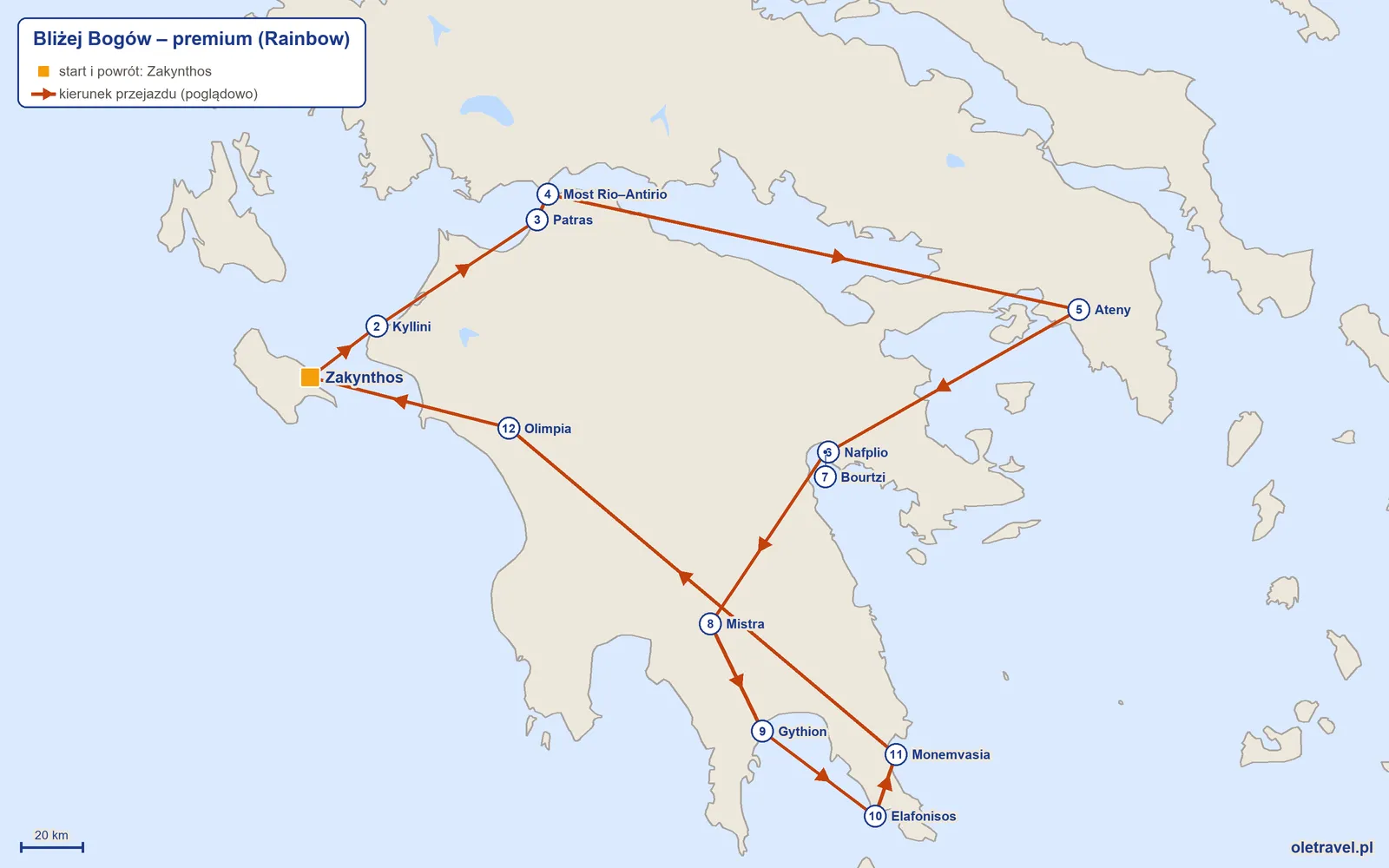 Mapa trasy wycieczki „Bliżej Bogów – premium” z Rainbow: Zakynthos – Kyllini – Patras – Most Rio–Antirio – Ateny – Nafplio – Bourtzi – Mistra – Gythion – Elafonisos – Monemvasia – Olimpia – Zakynthos