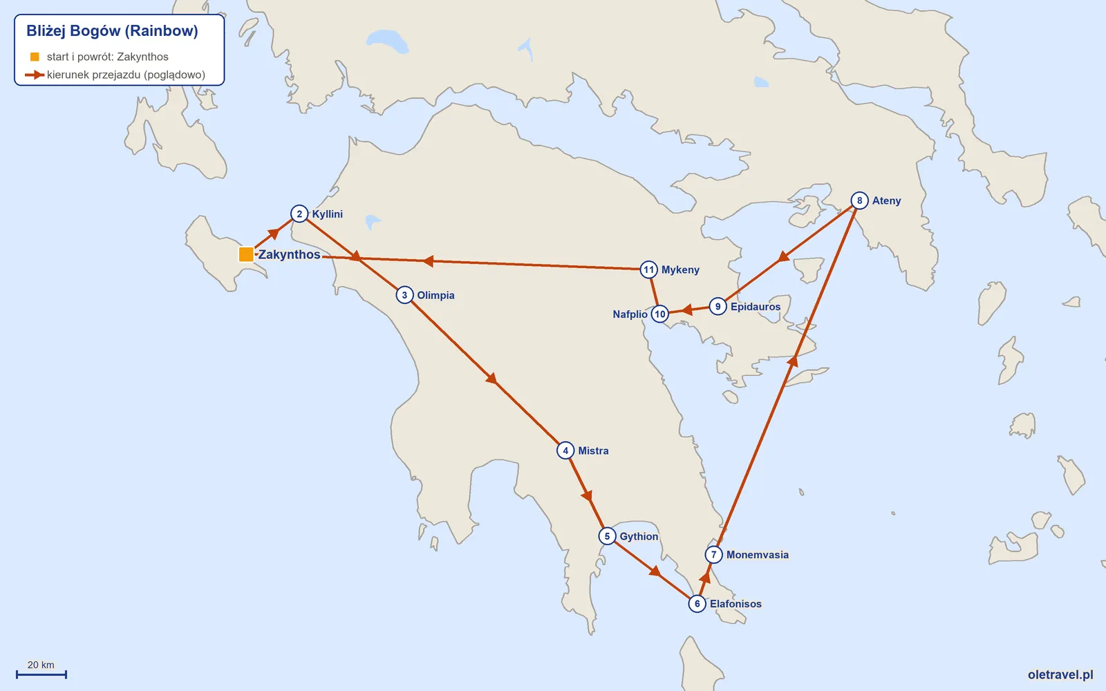 Mapa trasy wycieczki „Bliżej Bogów” z Rainbow: Zakynthos – Kyllini – Olimpia – Mistra – Gythion – Elafonisos – Monemvasia – Ateny – Epidauros – Nafplio – Mykeny – Zakynthos