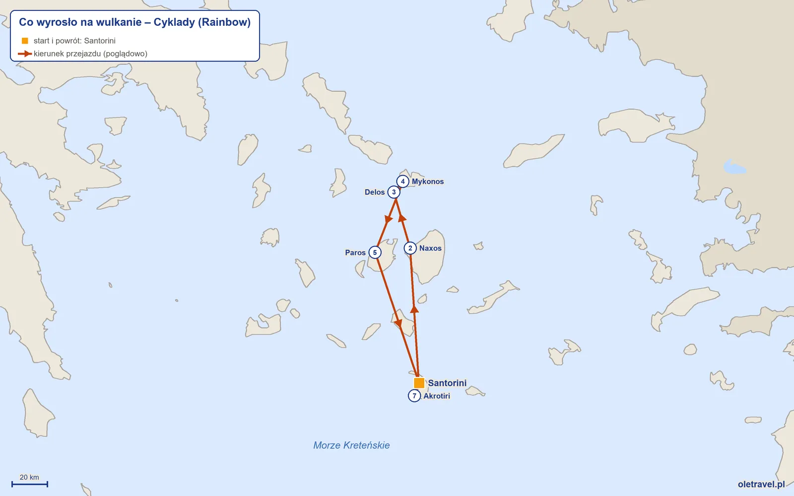 Mapa trasy wycieczki „Co wyrosło na wulkanie – Cyklady” z Rainbow: Santorini – Naxos – Delos – Mykonos – Paros – Santorini – Akrotiri – Santorini
