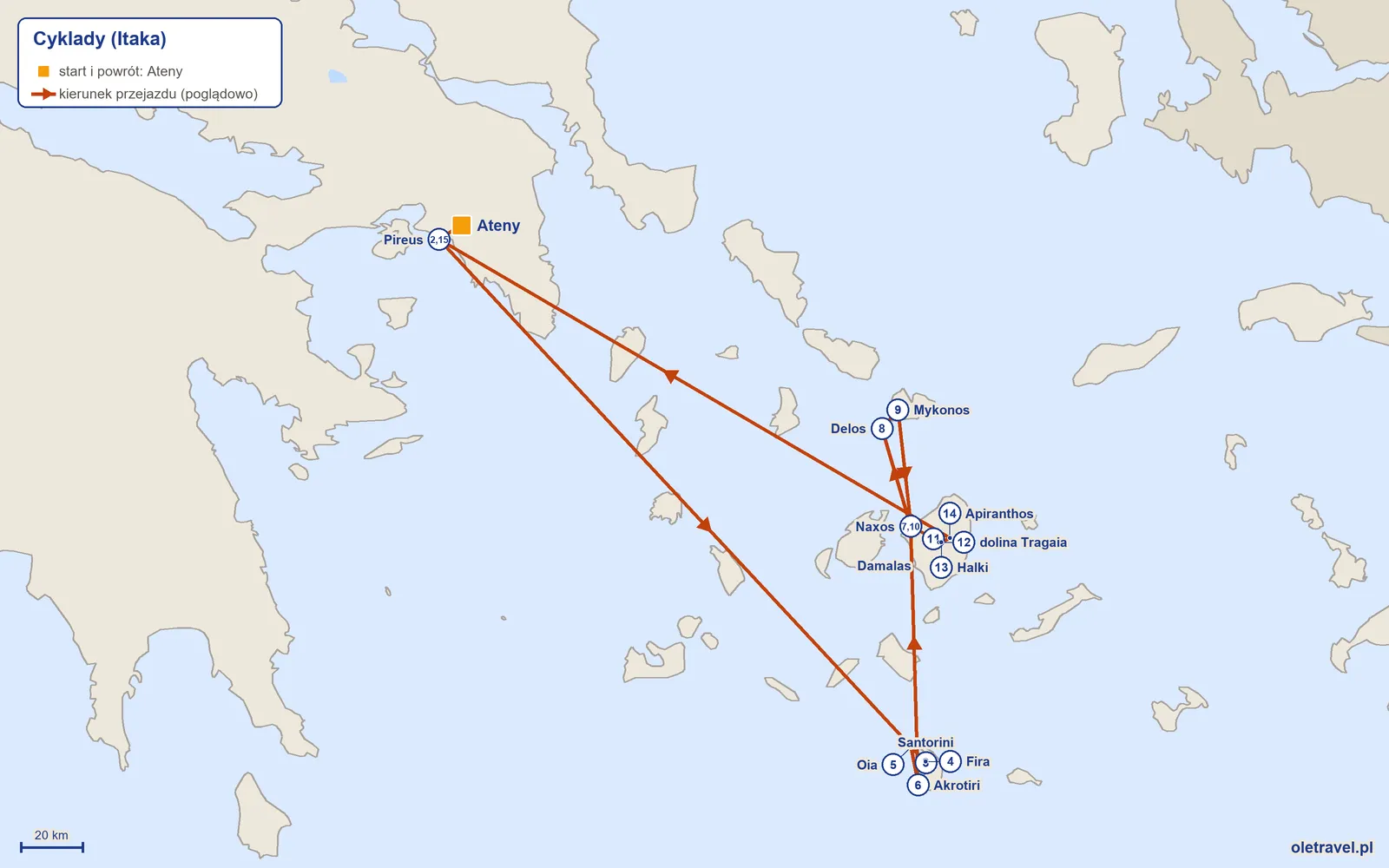 Mapa trasy wycieczki „Cyklady” z Itaką: Ateny – Pireus – Santorini – Fira – Oia – Akrotiri – Naxos – Delos – Mykonos – Naxos – Damalas – dolina Tragaia – Halki – Apiranthos – Pireus – Ateny