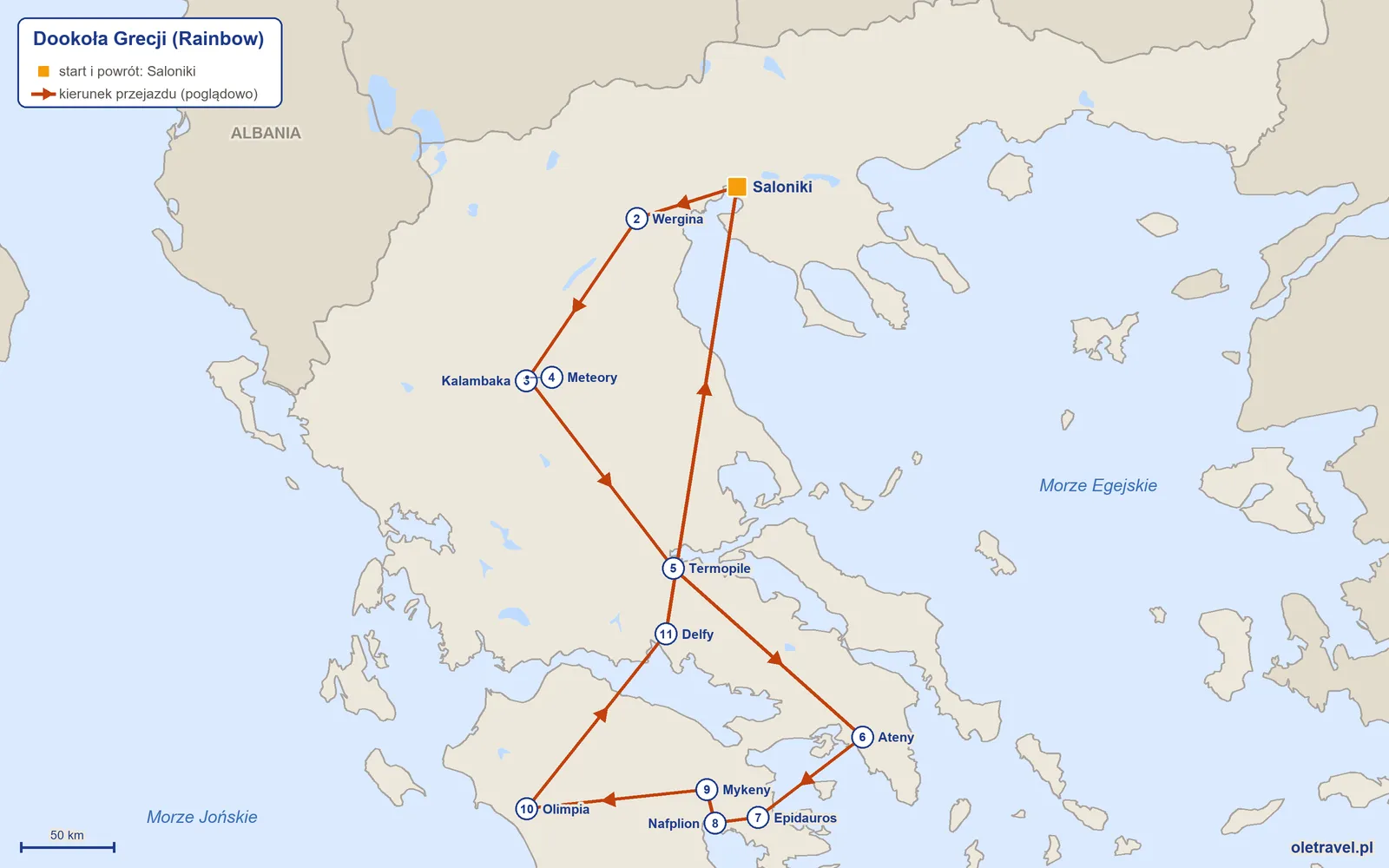 Mapa trasy wycieczki „Dookoła Grecji” z Rainbow: Saloniki – Wergina – Kalambaka – Meteory – Termopile – Ateny – Epidauros – Nafplion – Mykeny – Olimpia – Delfy – Saloniki