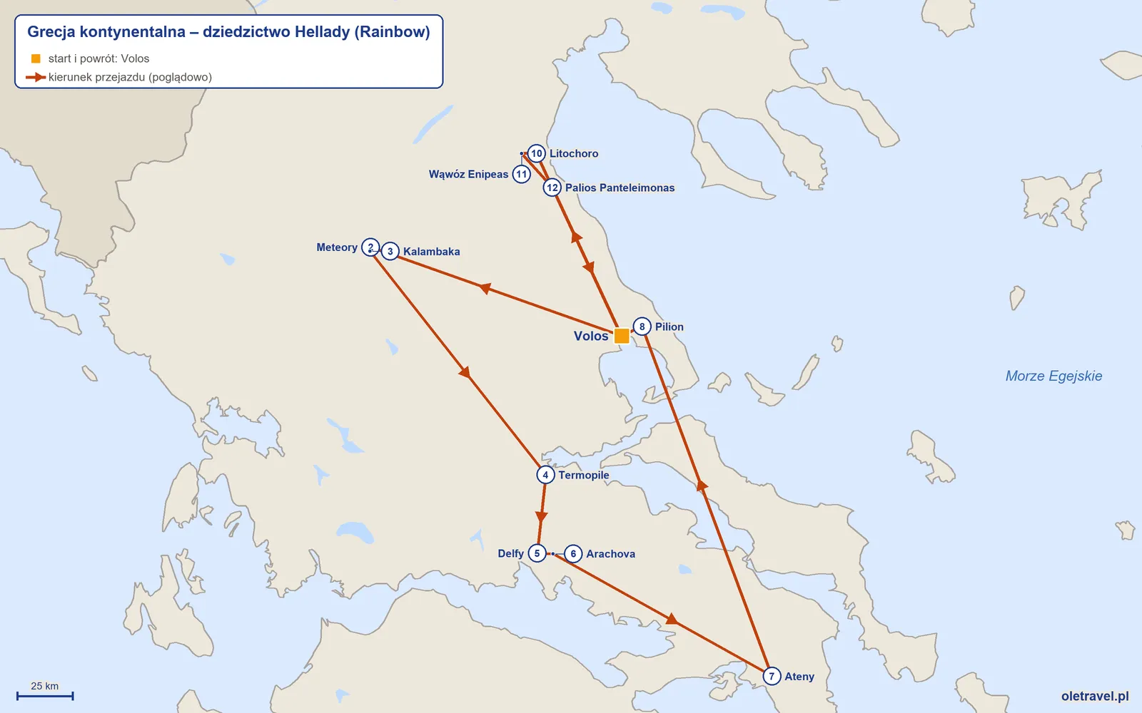 Mapa trasy wycieczki „Grecja kontynentalna – dziedzictwo Hellady” z Rainbow: Volos – Meteory – Kalambaka – Termopile – Delfy – Arachova – Ateny – Pilion – Volos – Litochoro – Wąwóz Enipeas – Palios Panteleimonas – Volos