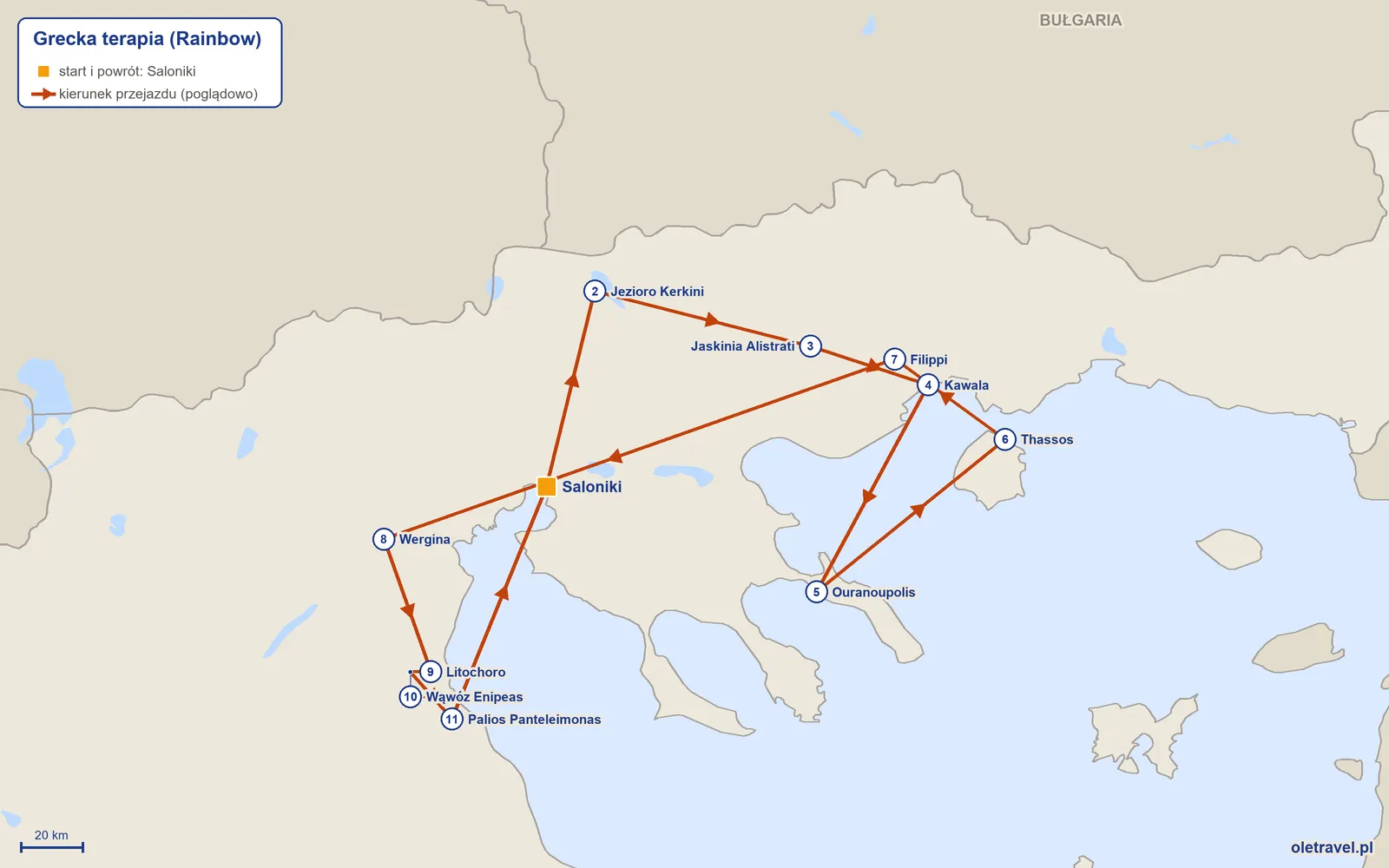 Mapa trasy wycieczki „Grecka terapia” z Rainbow: Saloniki – Jezioro Kerkini – Jaskinia Alistrati – Kawala – Ouranoupolis – Thassos – Filippi – Wergina – Litochoro – Wąwóz Enipeas – Palios Panteleimonas – Saloniki