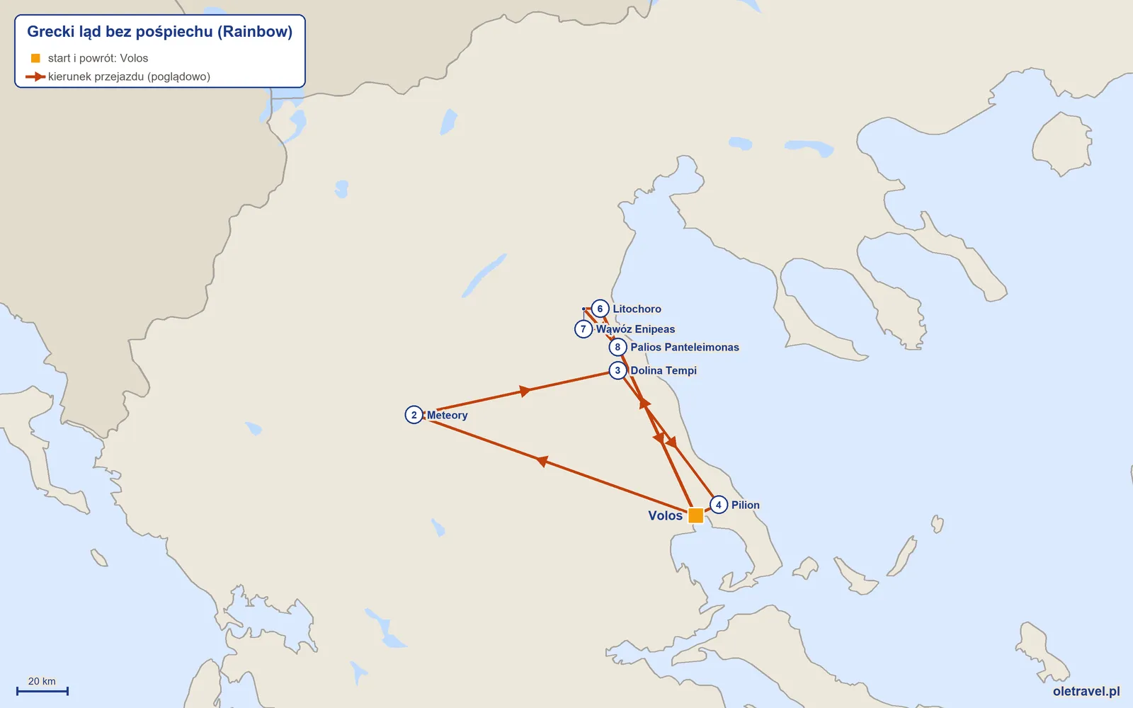 Mapa trasy wycieczki „Grecki ląd bez pośpiechu” z Rainbow: Volos – Meteory – Dolina Tempi – Pilion – Volos – Litochoro – Wąwóz Enipeas – Palios Panteleimonas – Volos