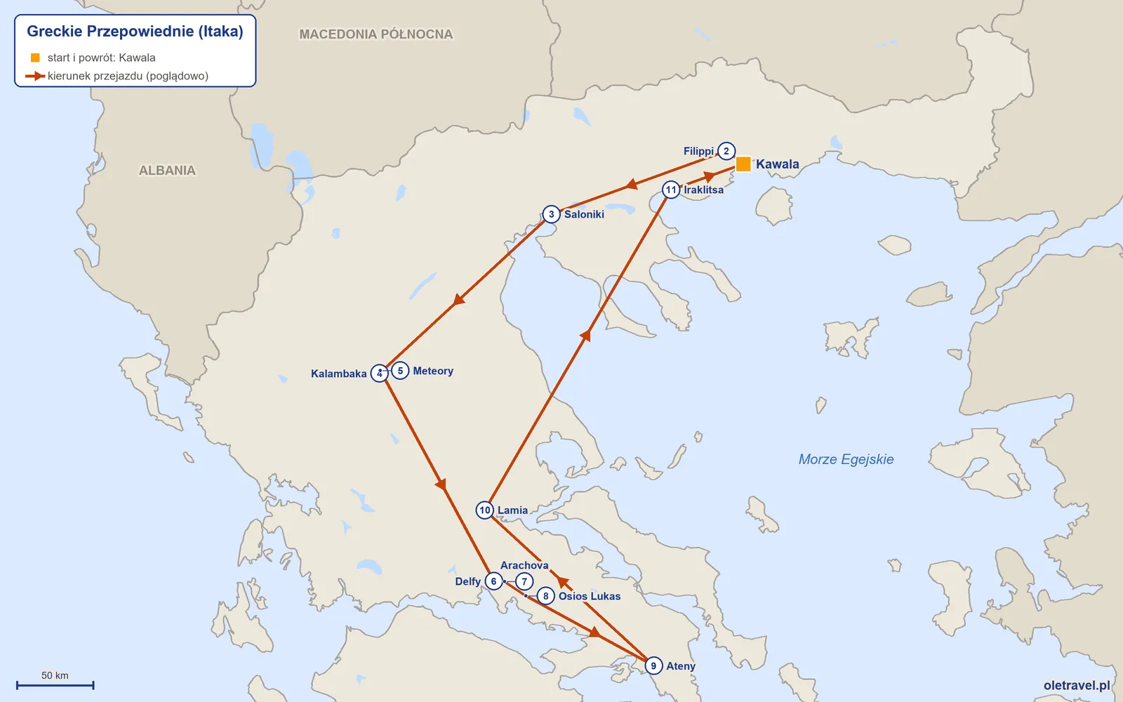 Mapa trasy wycieczki „Greckie Przepowiednie” z Itaką: Kawala – Filippi – Saloniki – Kalambaka – Meteory – Delfy – Arachova – Osios Lukas – Ateny – Lamia – Iraklitsa – Kawala