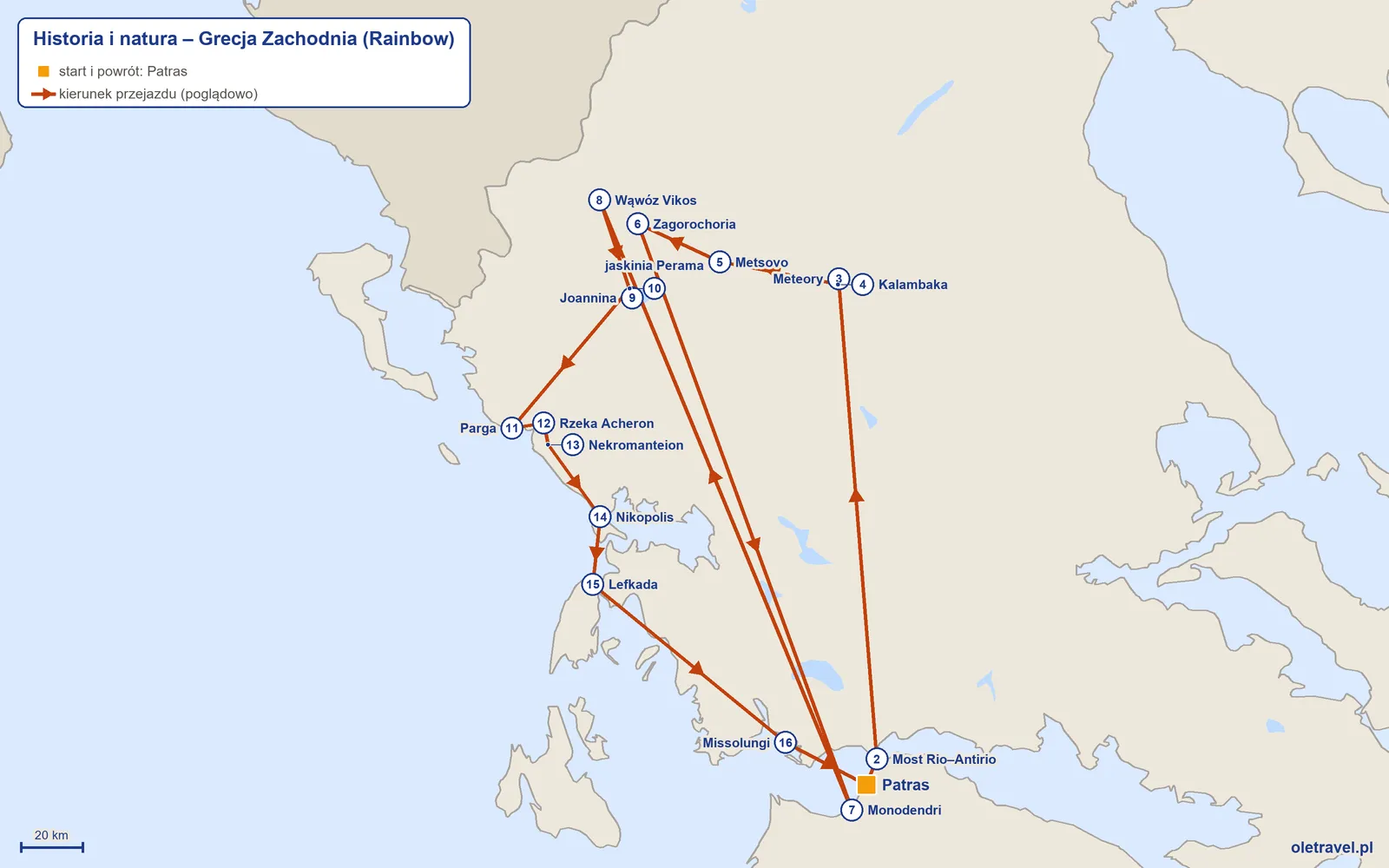 Mapa trasy wycieczki „Historia i natura – Grecja Zachodnia” z Rainbow: Patras – Most Rio–Antirio – Meteory – Kalambaka – Metsovo – Zagorochoria – Monodendri – Wąwóz Vikos – Joannina – jaskinia Perama – Parga – Rzeka Acheron – Nekromanteion – Nikopolis – Lefkada – Missolungi – Patras