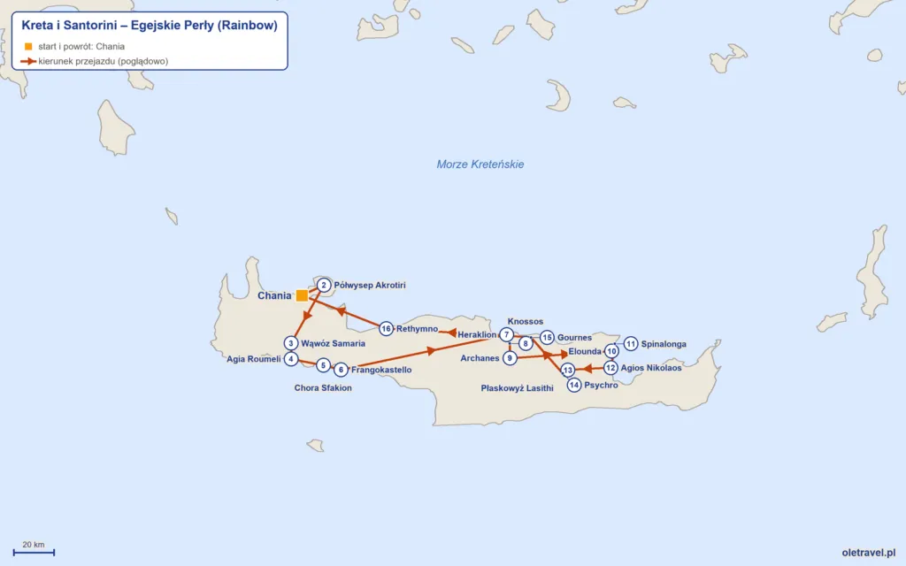 mapa trasy wycieczki Kreta i Santorini – Egejskie Perły z Rainbow