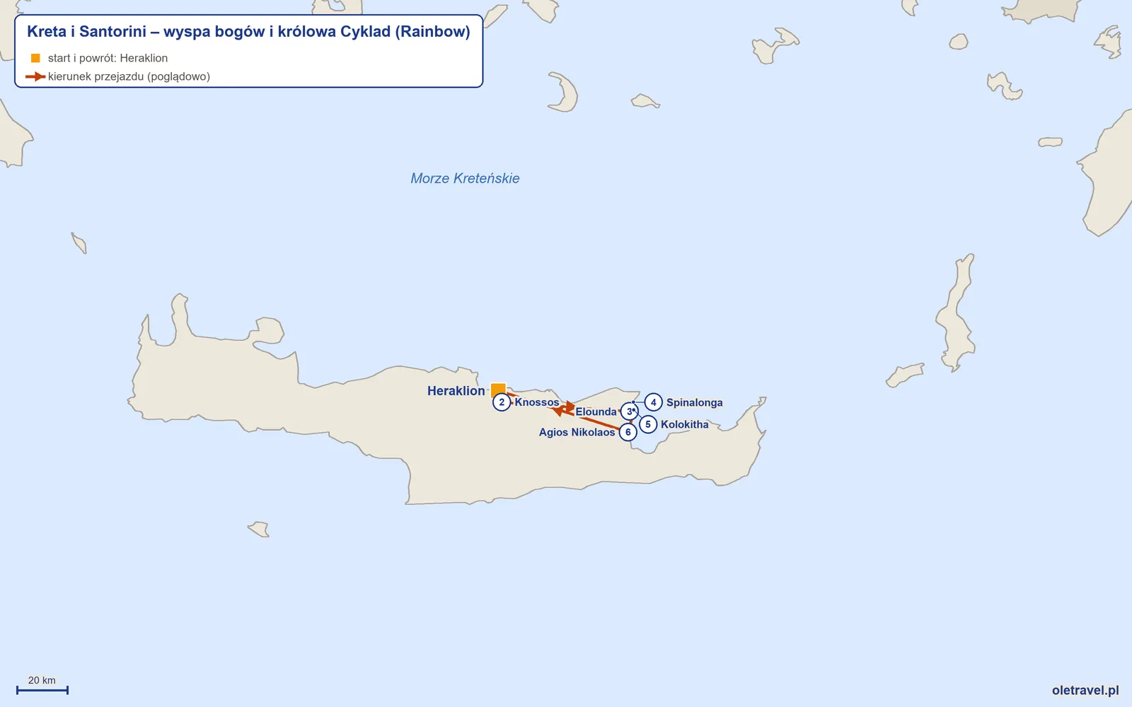 Mapa trasy wycieczki „Kreta i Santorini – wyspa bogów i królowa Cyklad” z Rainbow: Heraklion – Knossos – Elounda – Spinalonga – Kolokitha – Agios Nikolaos – Heraklion