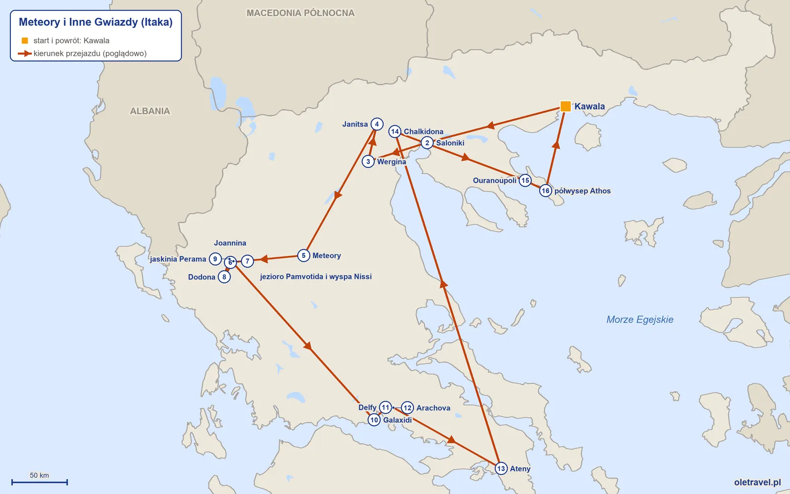 Mapa trasy wycieczki „Meteory i Inne Gwiazdy” z Itaką: Kawala – Saloniki – Wergina – Janitsa – Meteory – Joannina – jezioro Pamvotida i wyspa Nissi – Dodona – jaskinia Perama – Galaxidi – Delfy – Arachova – Ateny – Chalkidona – Ouranoupoli – półwysep Athos – Kawala