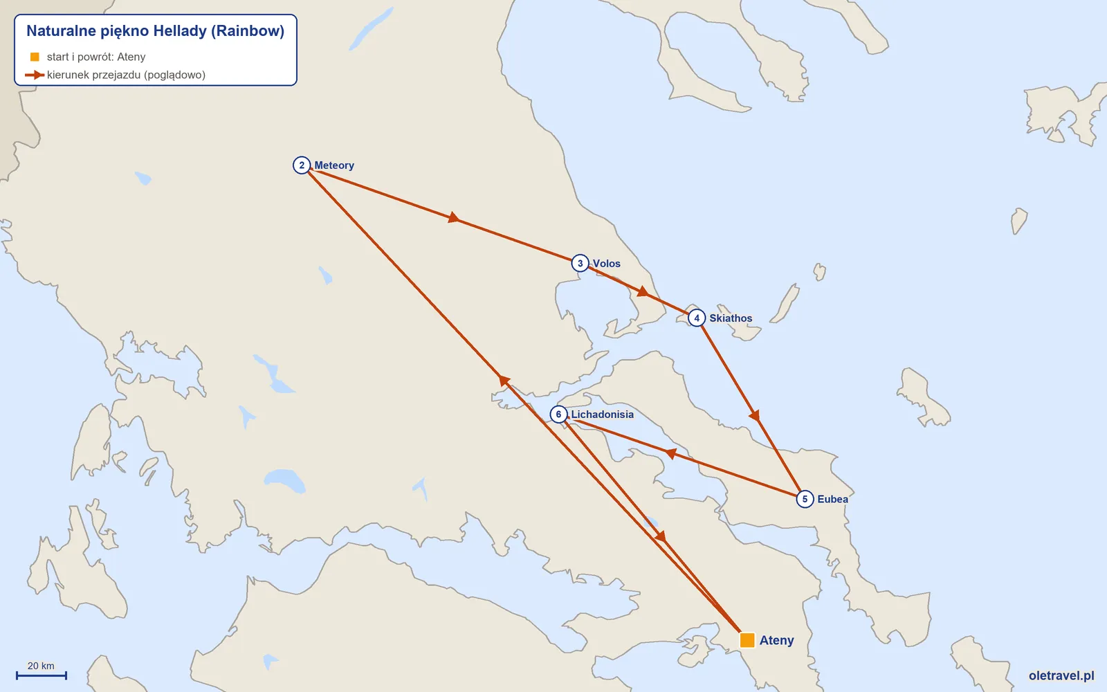 Mapa trasy wycieczki „Naturalne piękno Hellady” z Rainbow: Ateny – Meteory – Volos – Skiathos – Eubea – Lichadonisia – Ateny