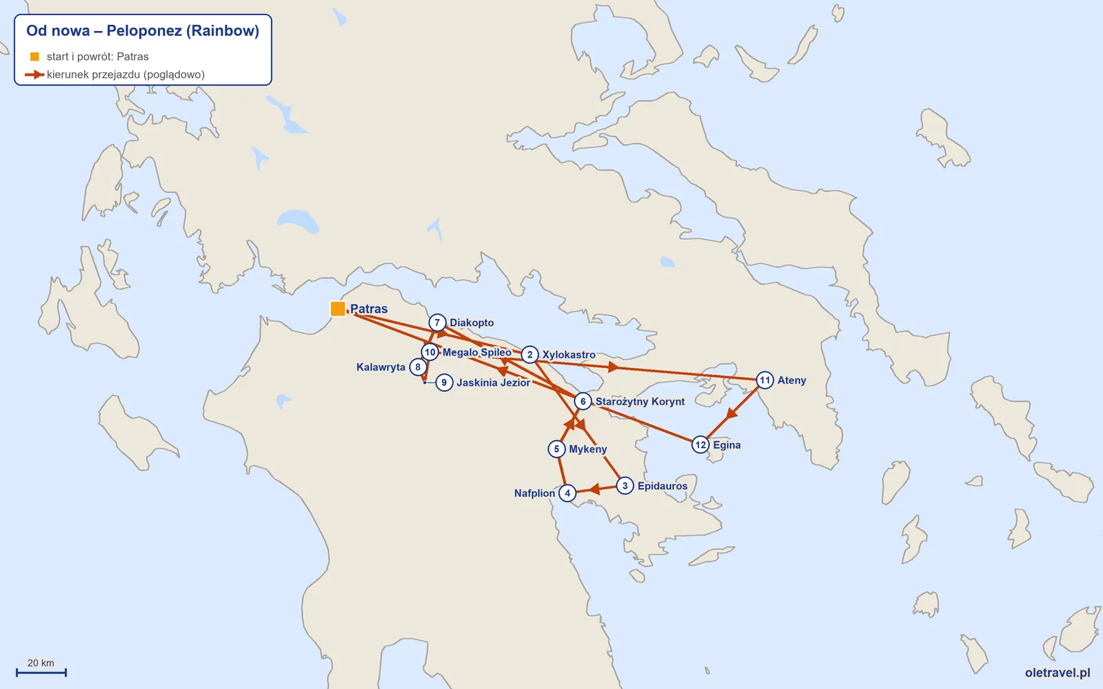 Mapa trasy wycieczki „Od nowa – Peloponez” z Rainbow: Patras – Xylokastro – Epidauros – Nafplion – Mykeny – Starożytny Korynt – Diakopto – Kalawryta – Jaskinia Jezior – Megalo Spileo – Ateny – Egina – Patras